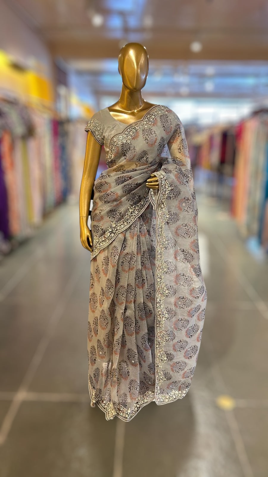 Grey Organza Sabhyasachi printed saree with handwork border paired  with ready to wear blouse