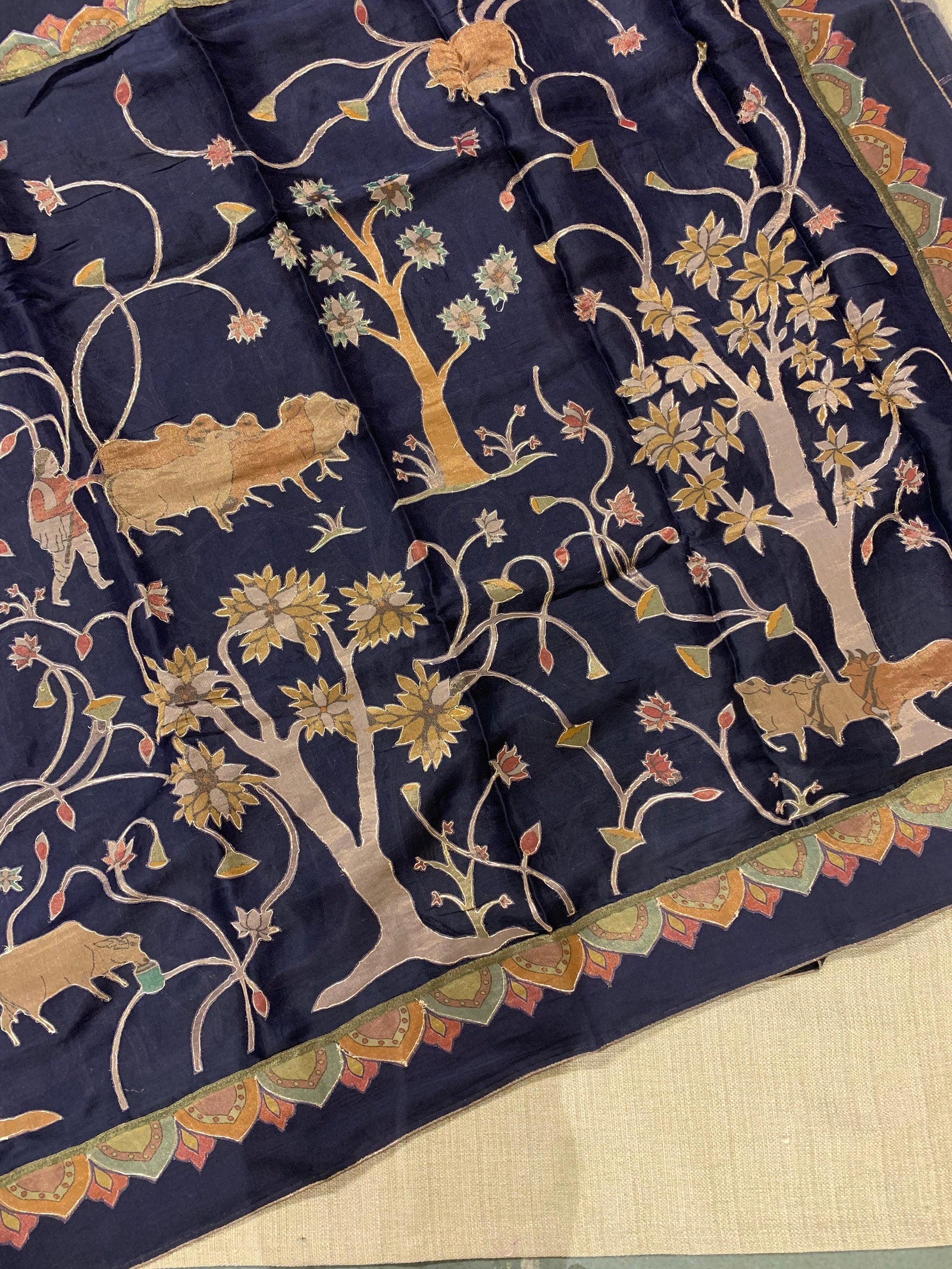 Midnight Blue Designer Organza Saree with Stunning Tissue Applique work Saree with Village theme