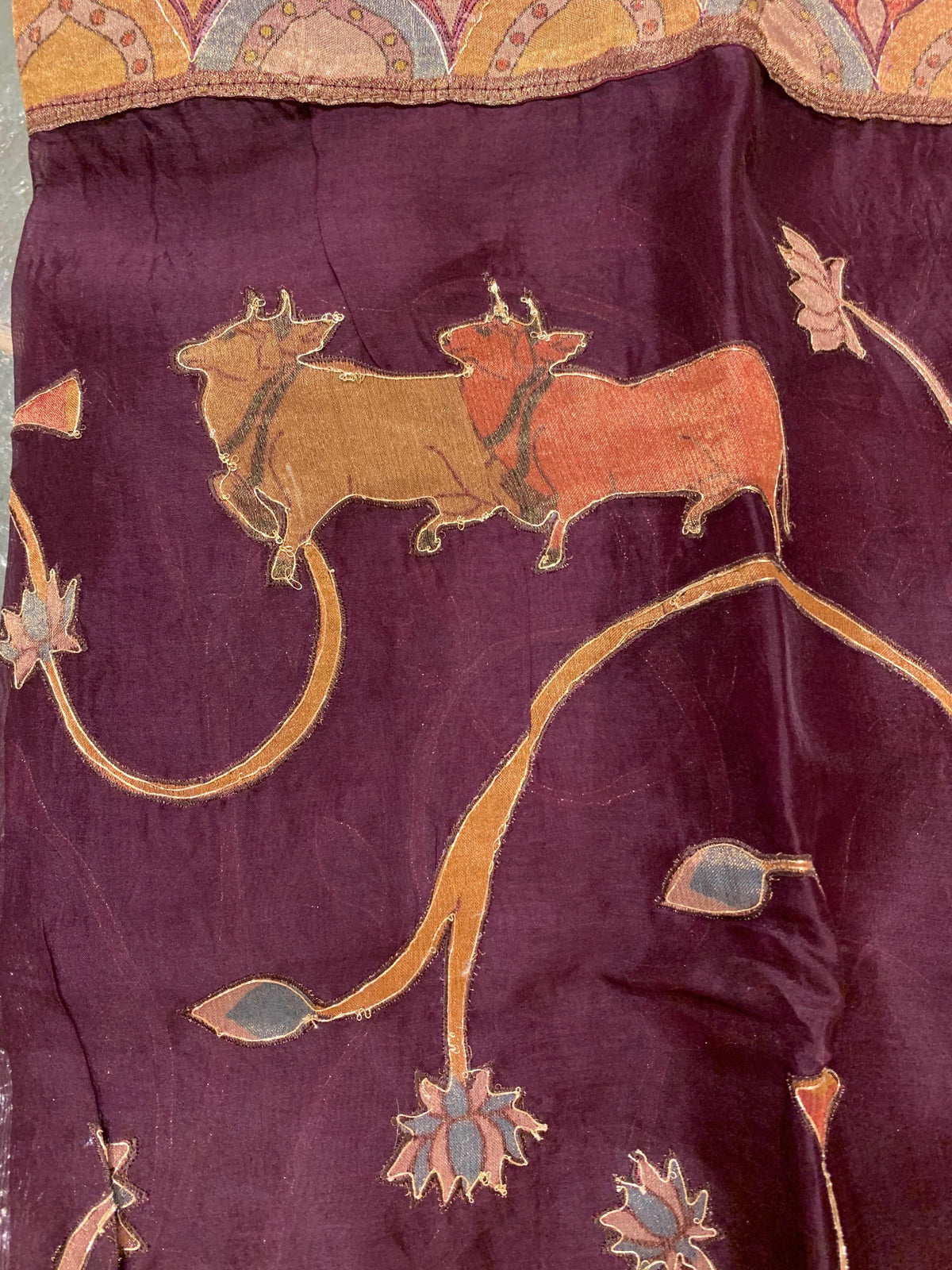 Wine Designer Organza Saree with Stunning Tissue Applique work Saree with Village theme