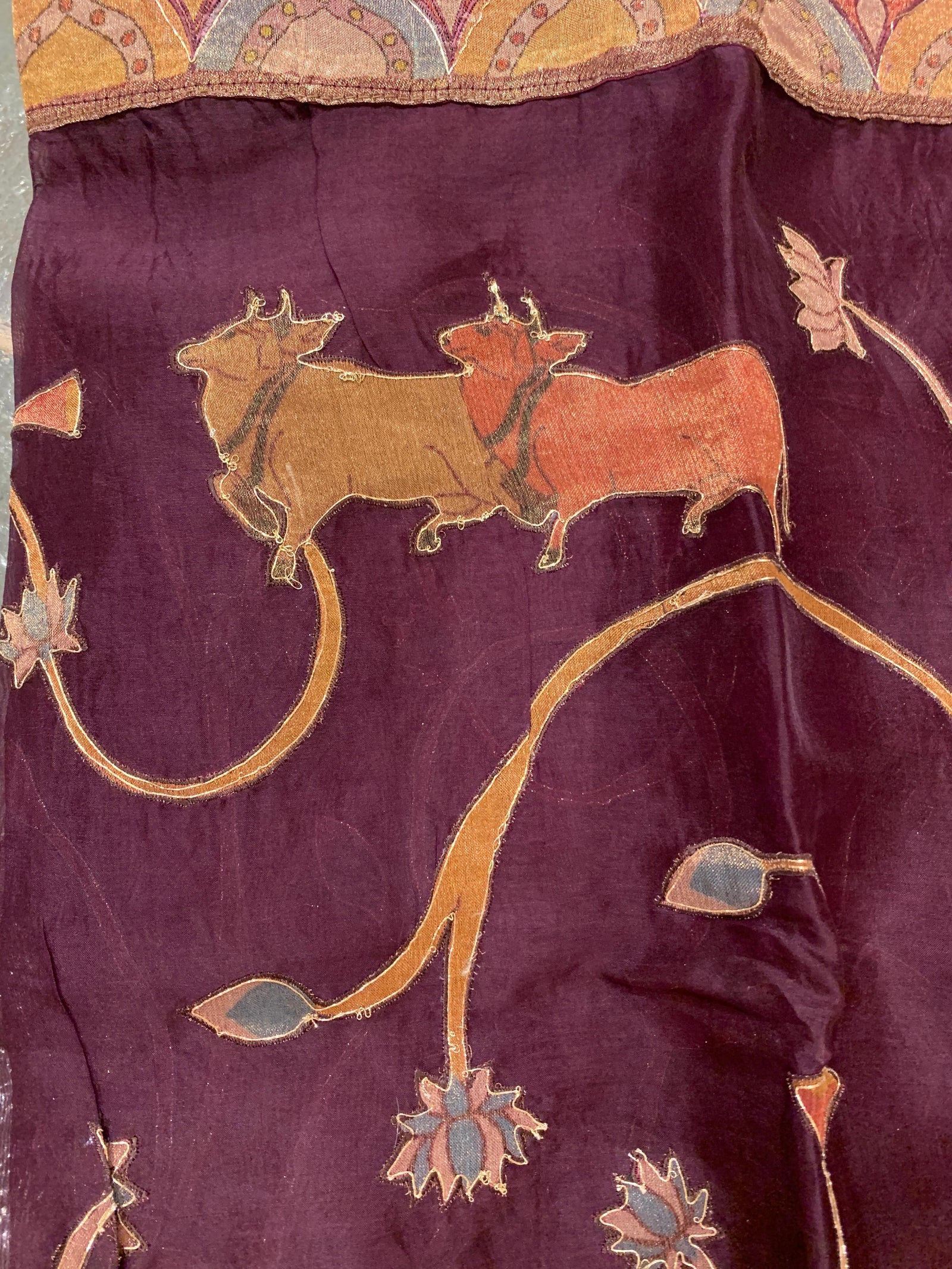 Wine Designer Organza Saree with Stunning Tissue Applique work Saree with Village theme