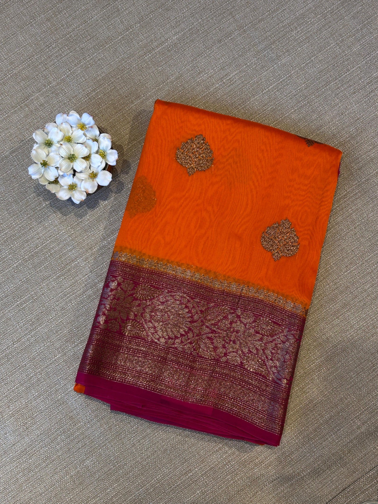 Orange and pink Combo Pure Handloom premium Kora Banarasi Saree