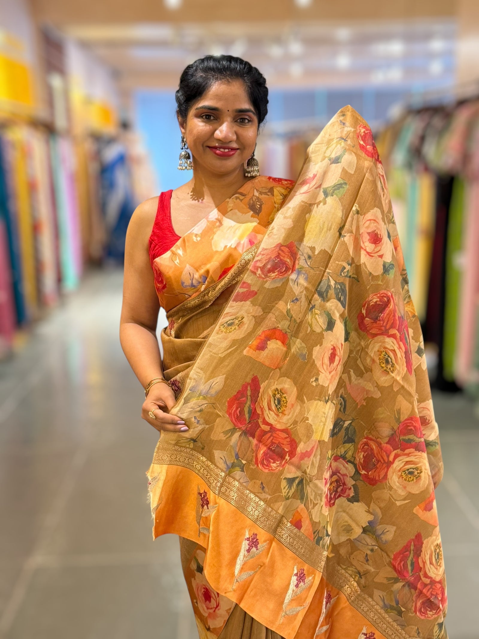 Light Brown Tussar Dhupion Saree with Floral printed mashru borders