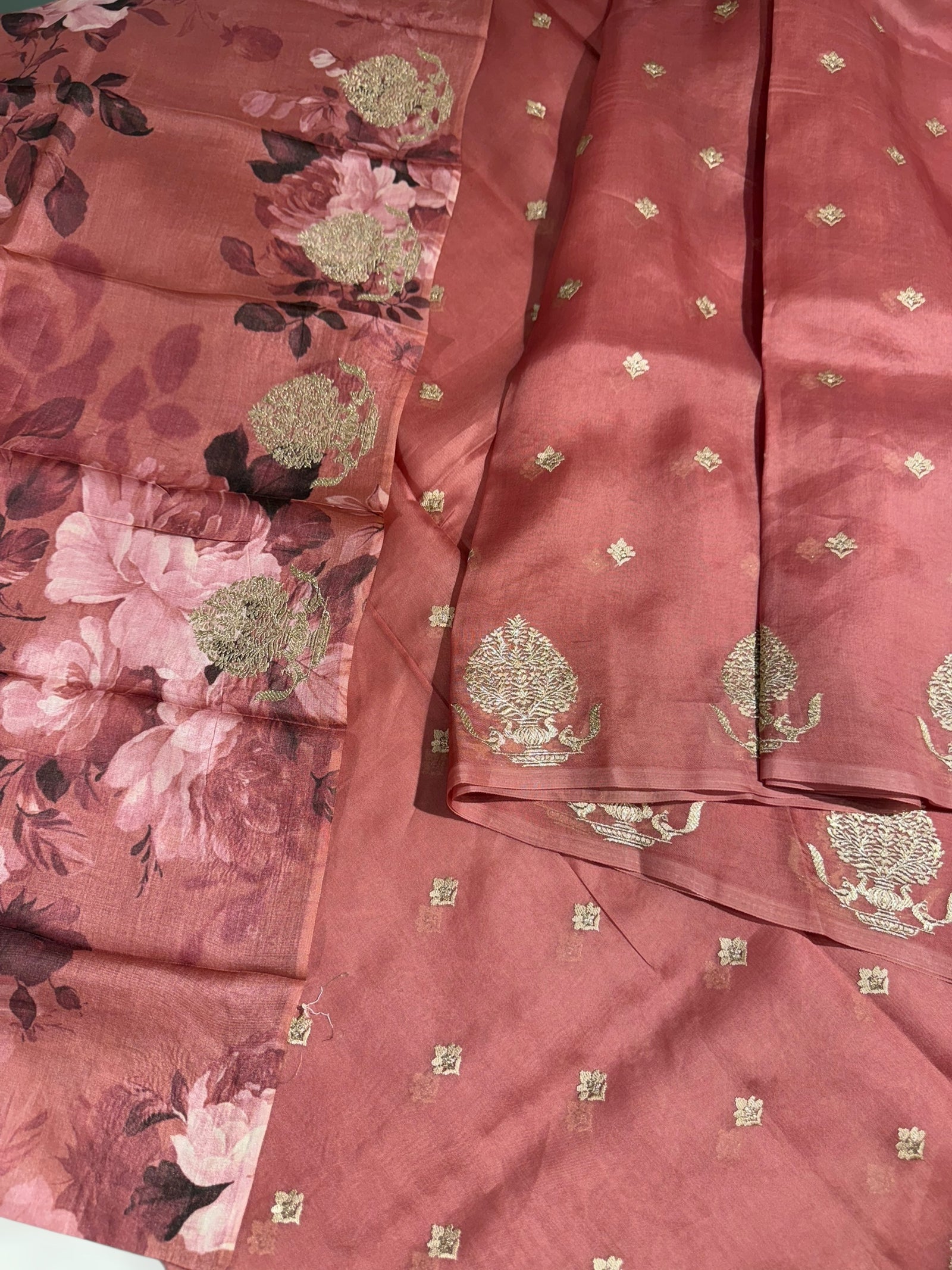 Dark Onion Pink Organza Saree With Embroidery & Tussar Printed Blouse
