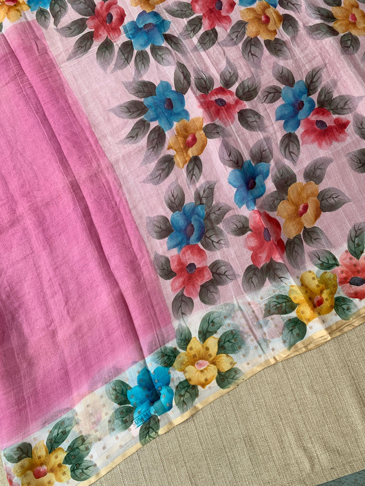 Rose Pink Tussar Kota Tissue Saree with Handpainted Muslin Border and Pallu