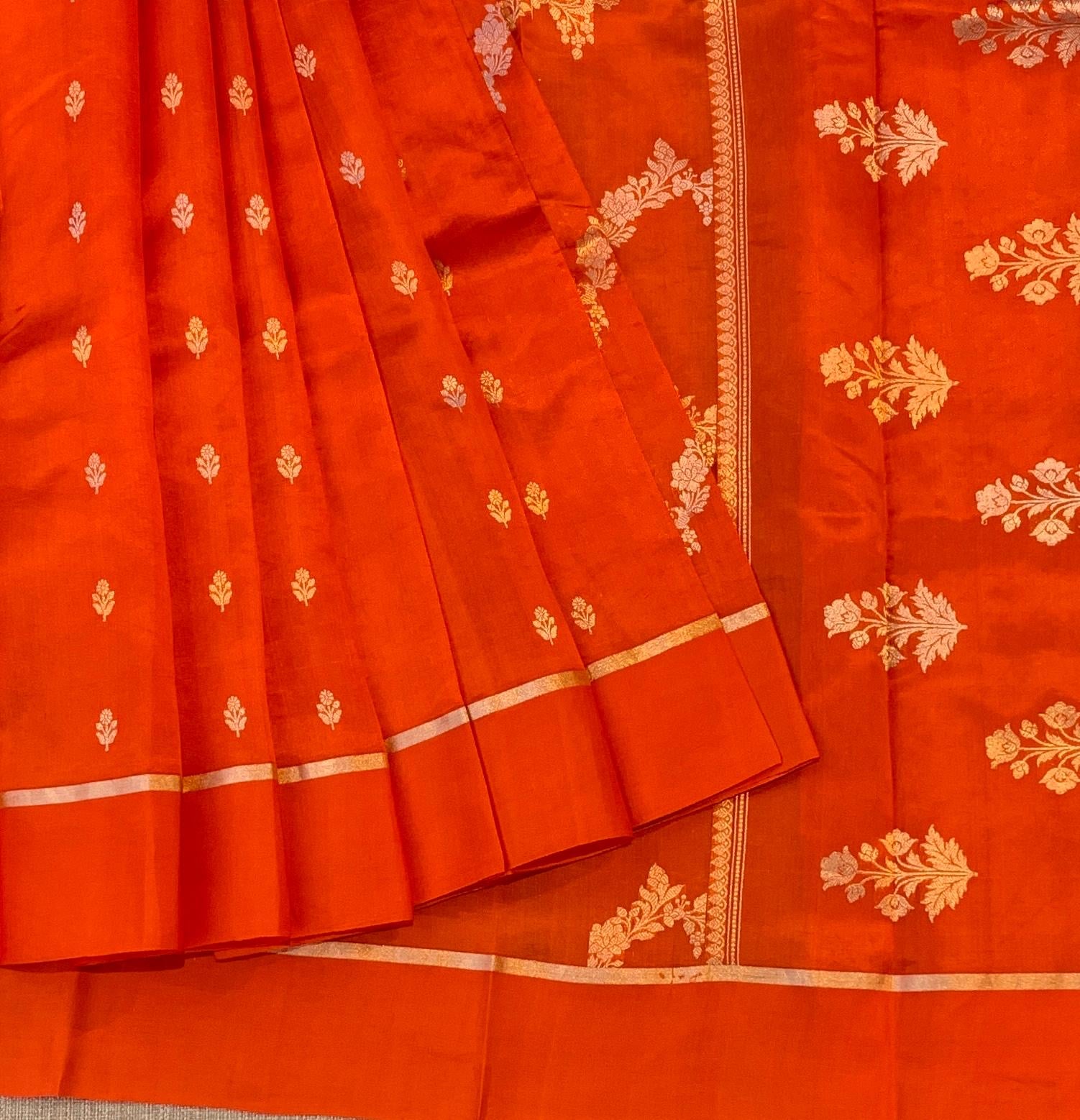 Orange Raw Mangoe Silk Saree in half and half style