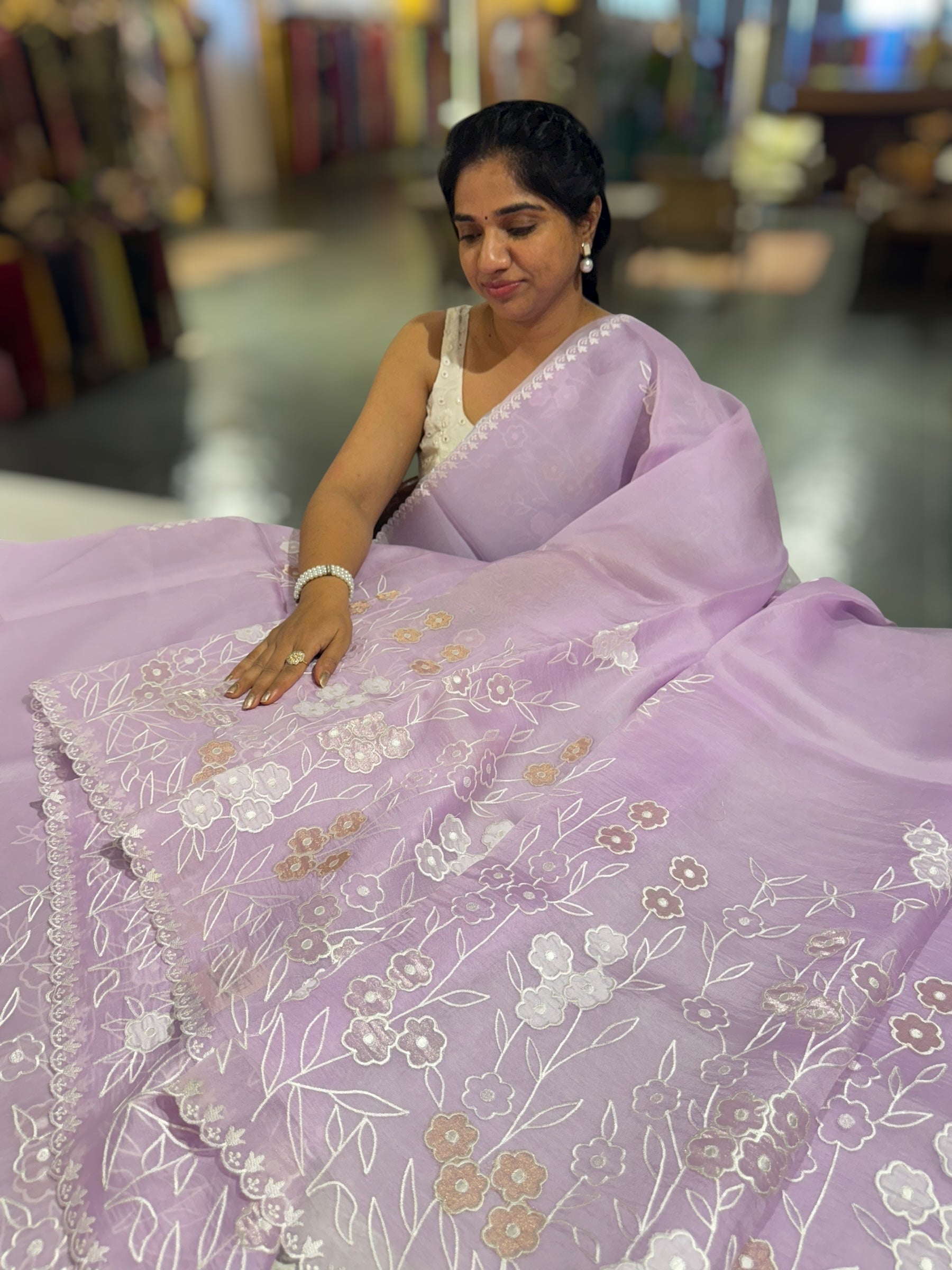 Lilac Organza Saree With Tissue Applique Work