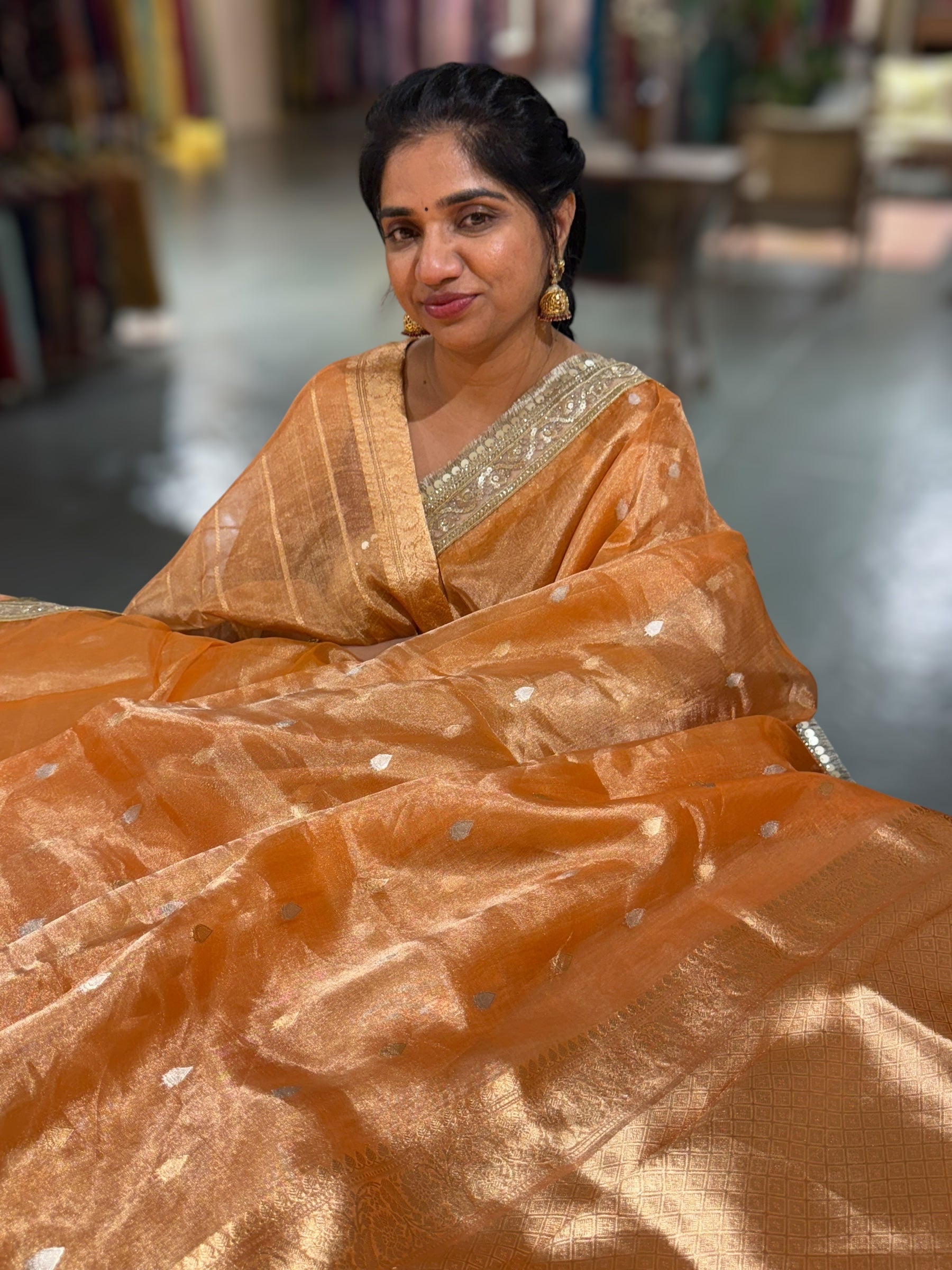 Light Orange Pure handloom Banarasi Tissue saree