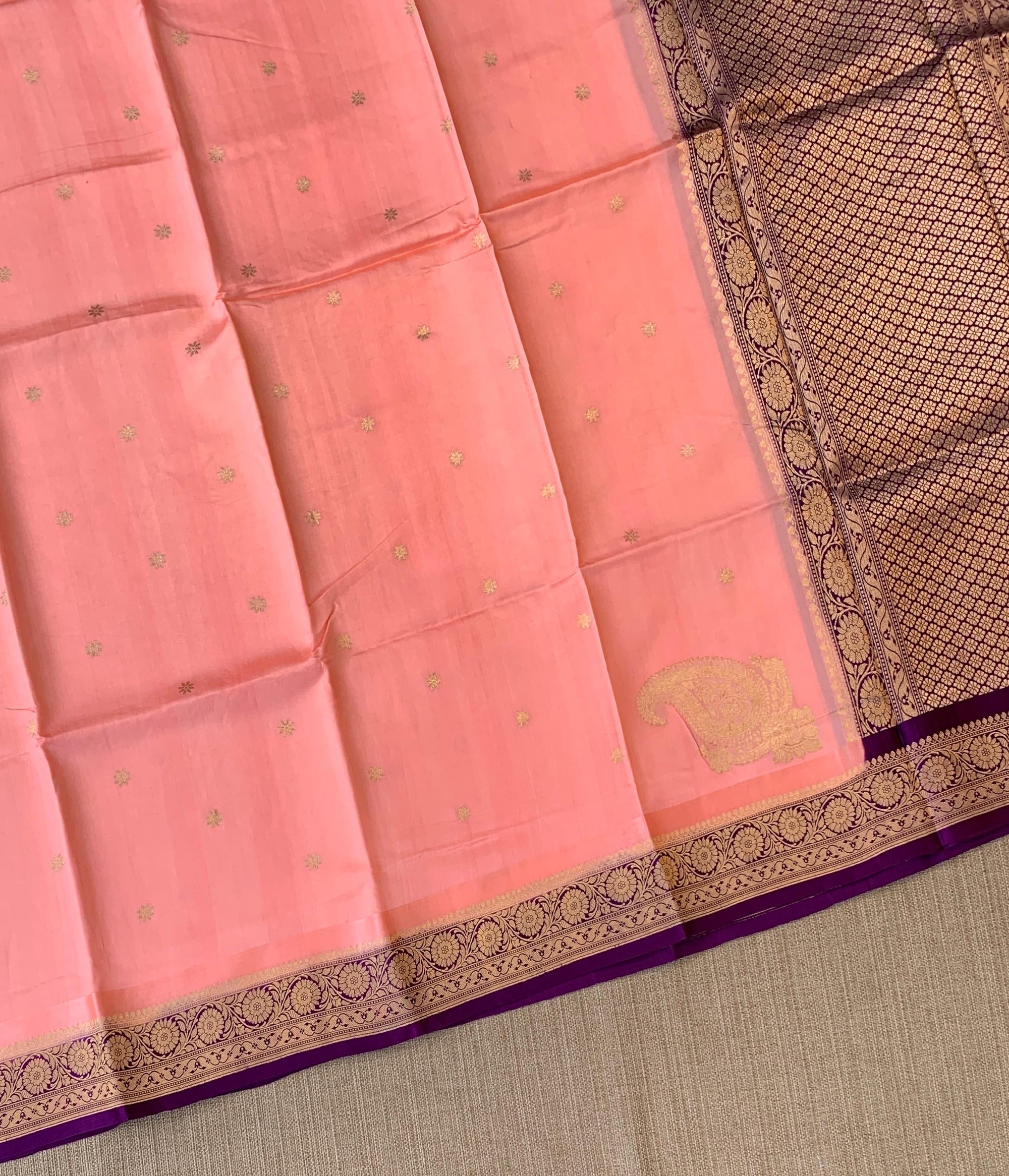 Peach Pink & Purple Combo Raw Mangoe Silk Saree with heavy weaving mashru border & kaduwa woven motifs.