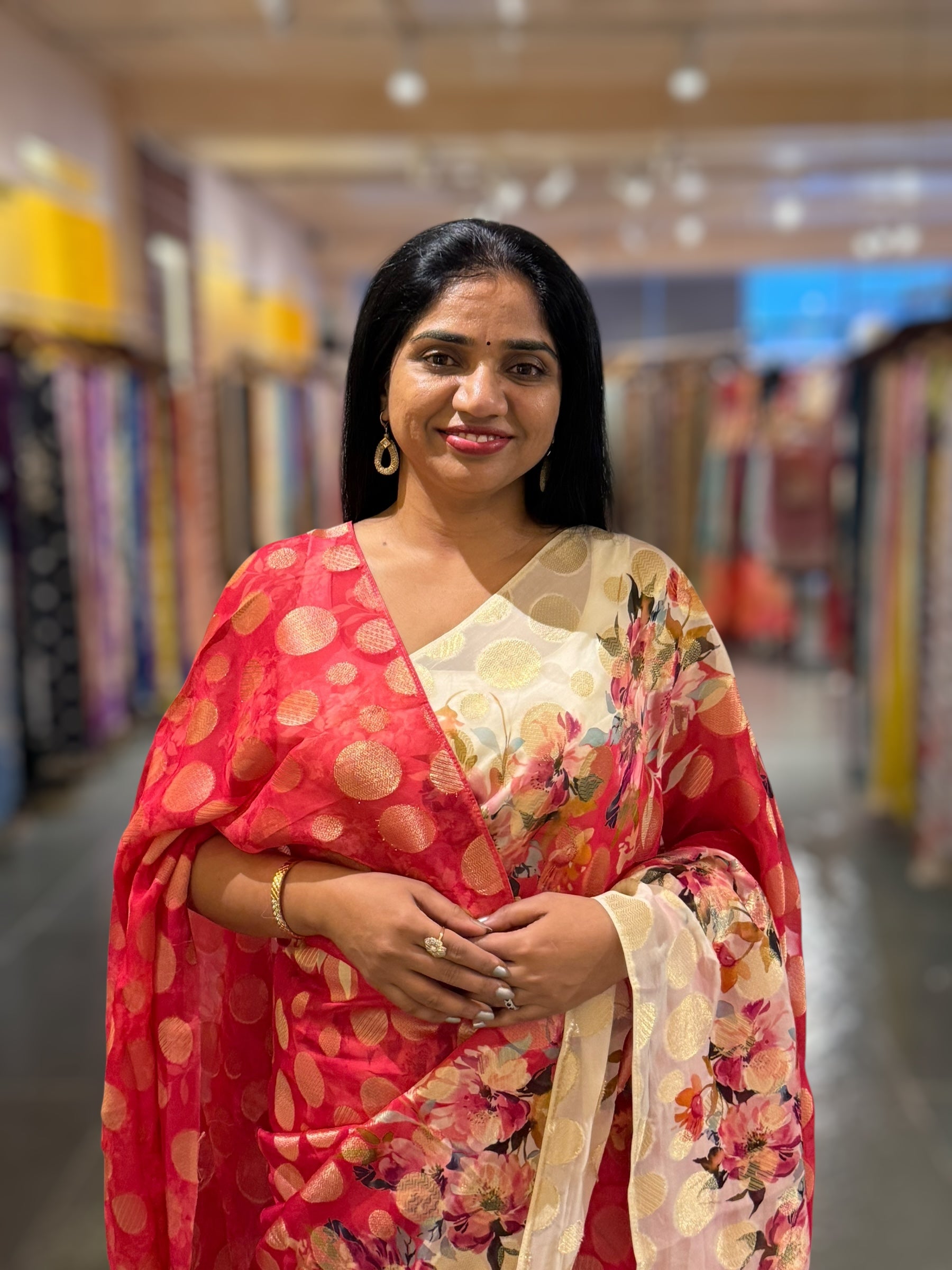 Tomato Red Banarasi Kora Gorgette Polka dot Printed Saree