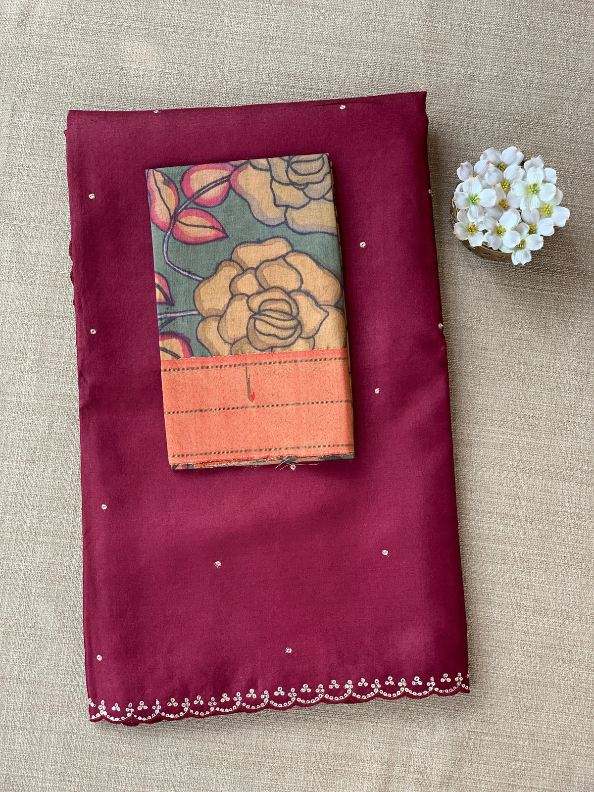 Burgundy Tussar with fusion blouse