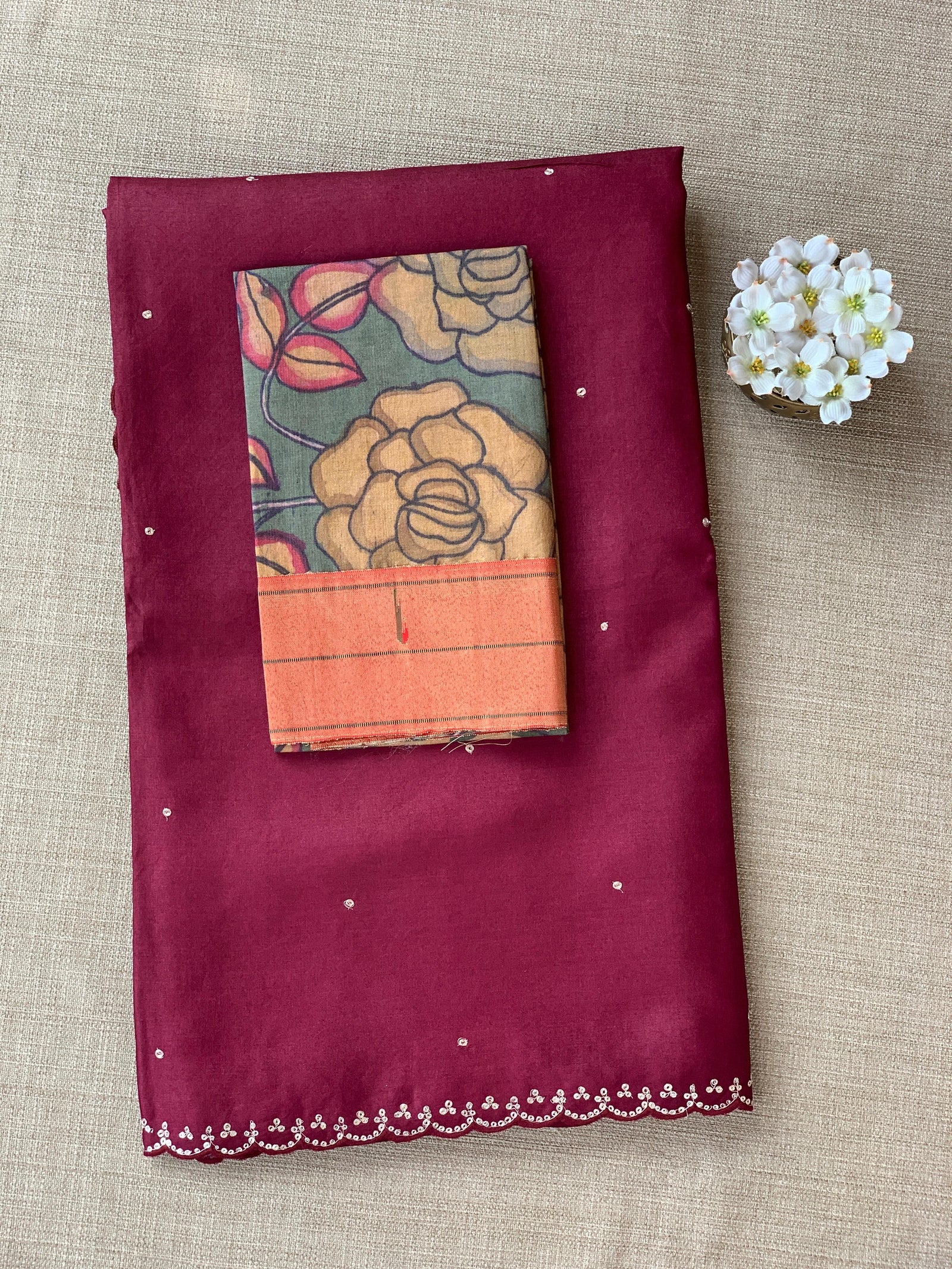 Burgundy Tussar with fusion blouse