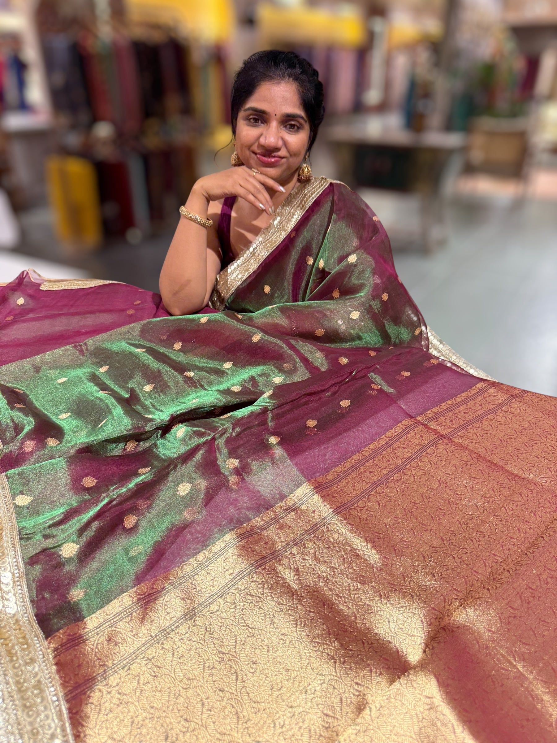 Green & Wine Combo Pure handloom Banarasi Tissue saree