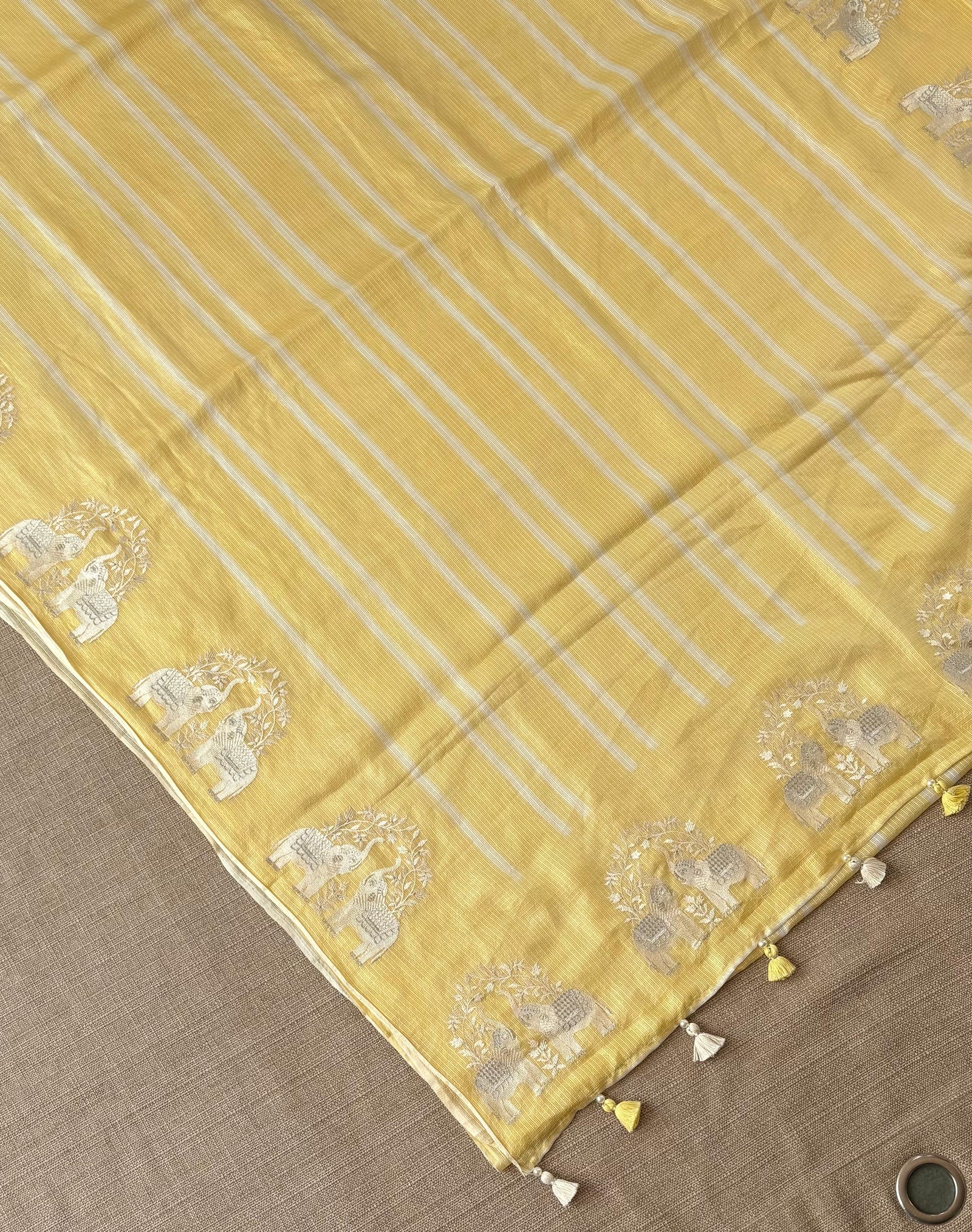 Pastel Yellow Designer Silk kota saree with elephant embroidered border
