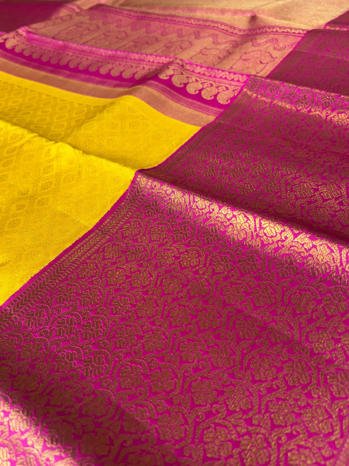 Yellow and Rani Pink Combo kanchi brocade designer kuttu border saree
