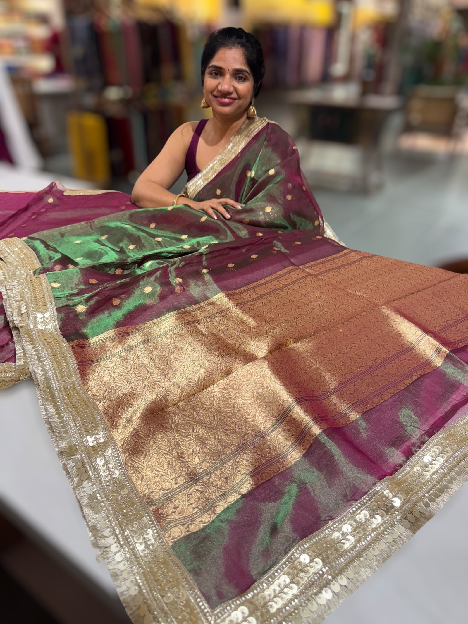 Green & Wine Combo Pure handloom Banarasi Tissue saree