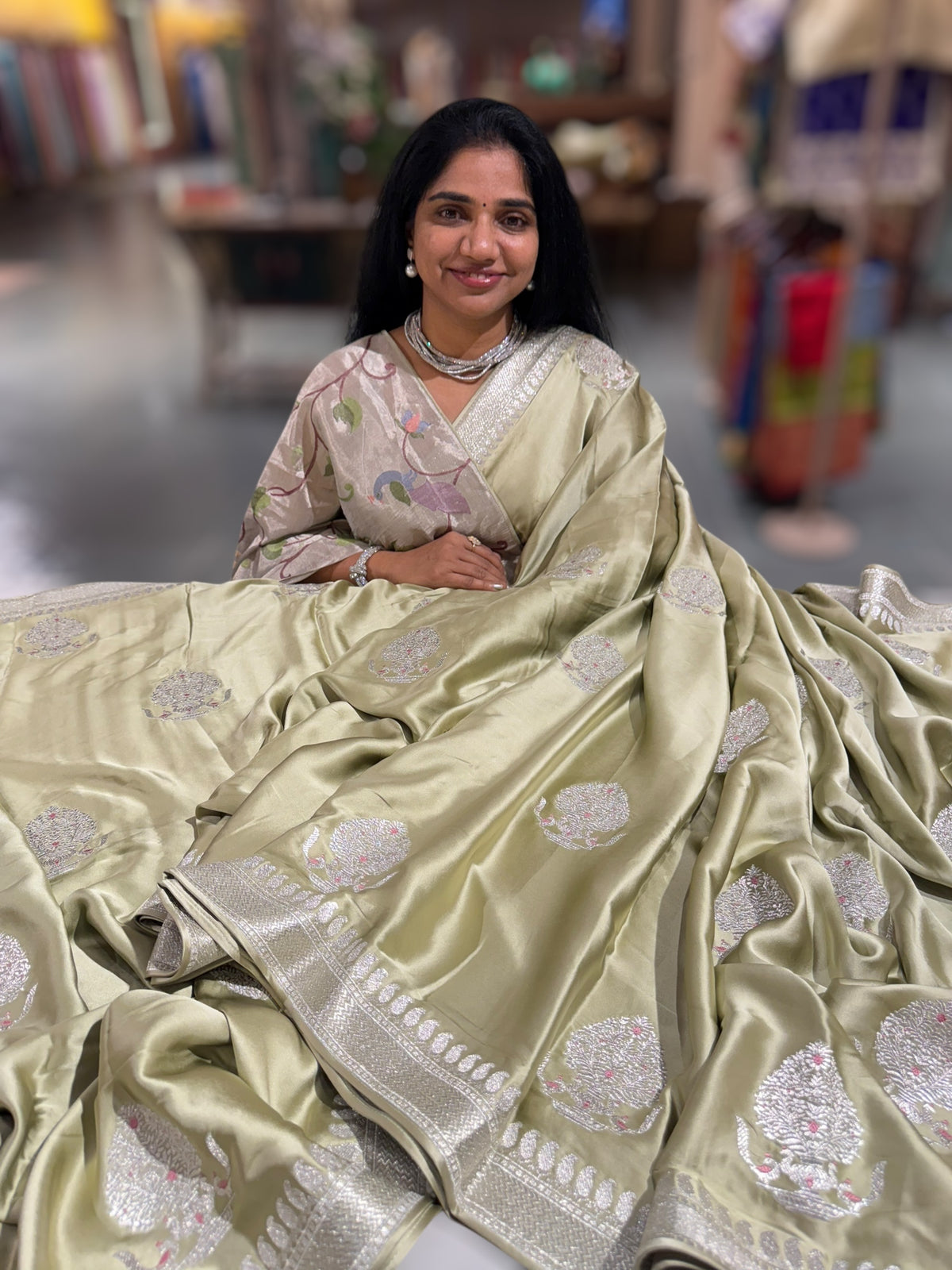 Light Pista Pure Satin Saree with Embroidery.