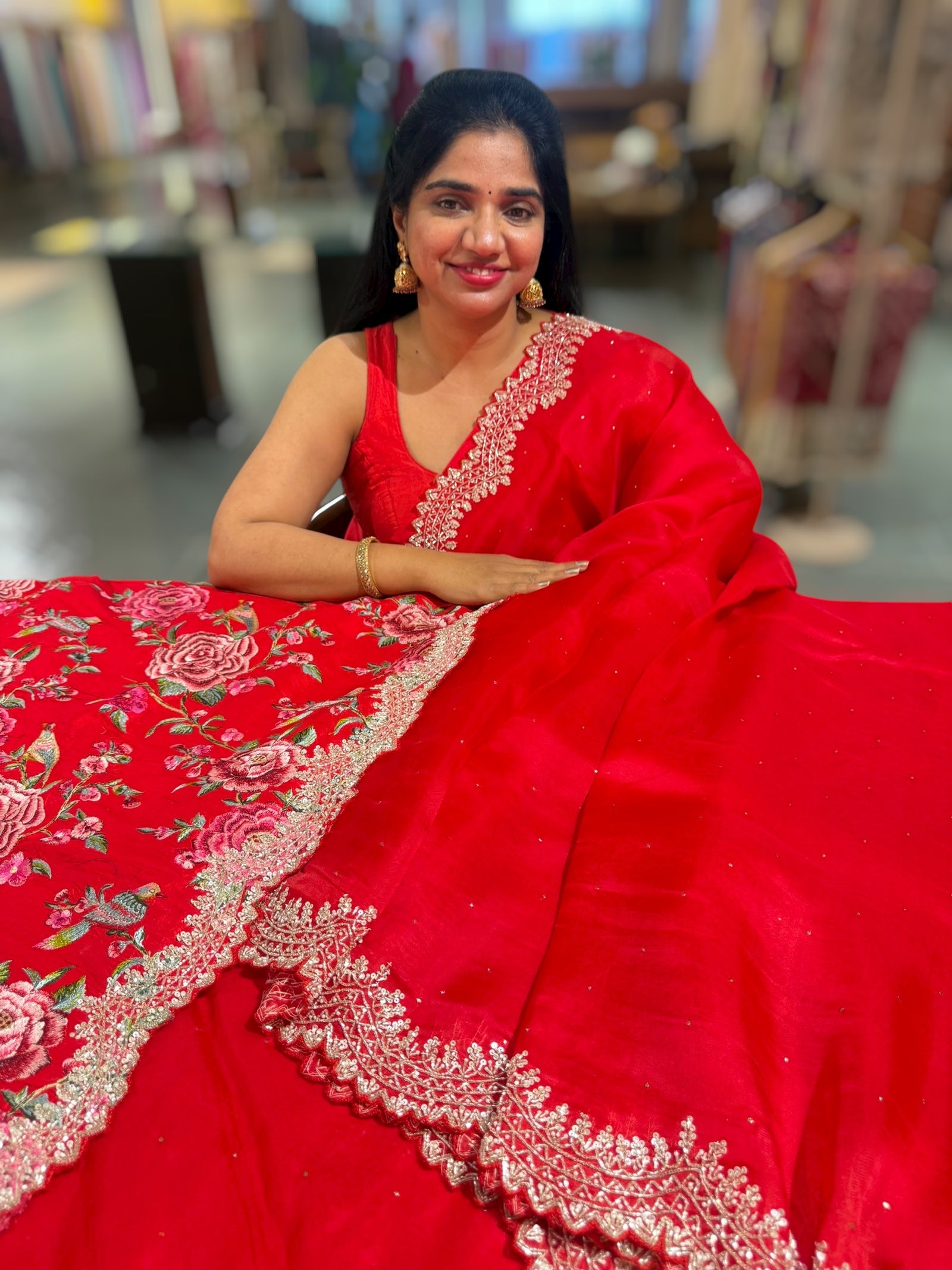 Red Pure Organza Handwork Saree with heavy Designer Blouse