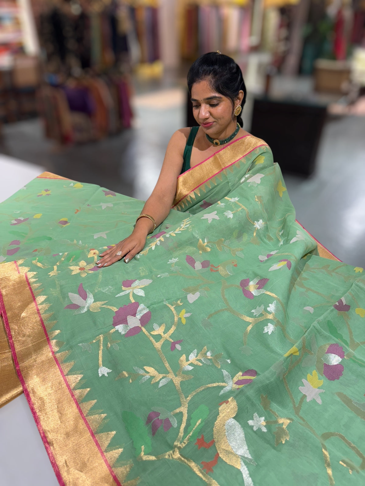 Light Apple Green Ponduru Khadi Jamdani Allover Meenkari Weaving Saree