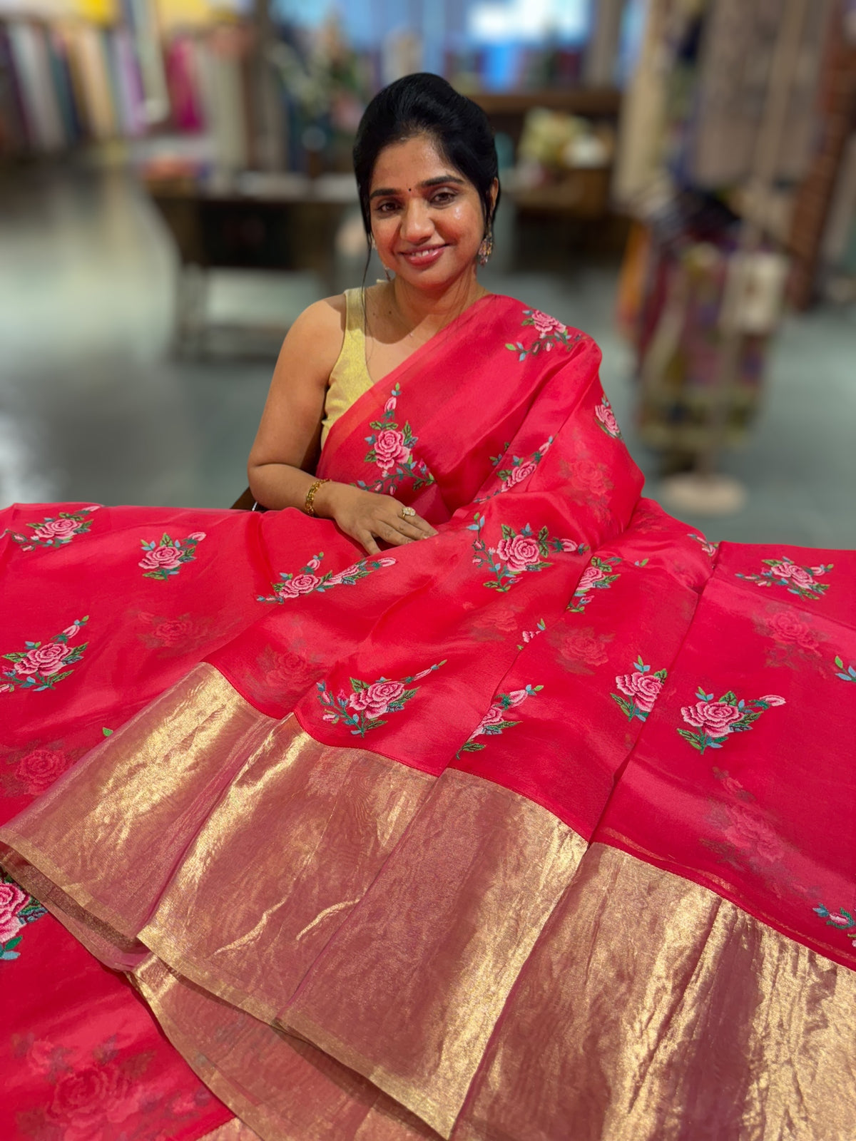 Pinkish Red Organza Saree with pure Tissue Border