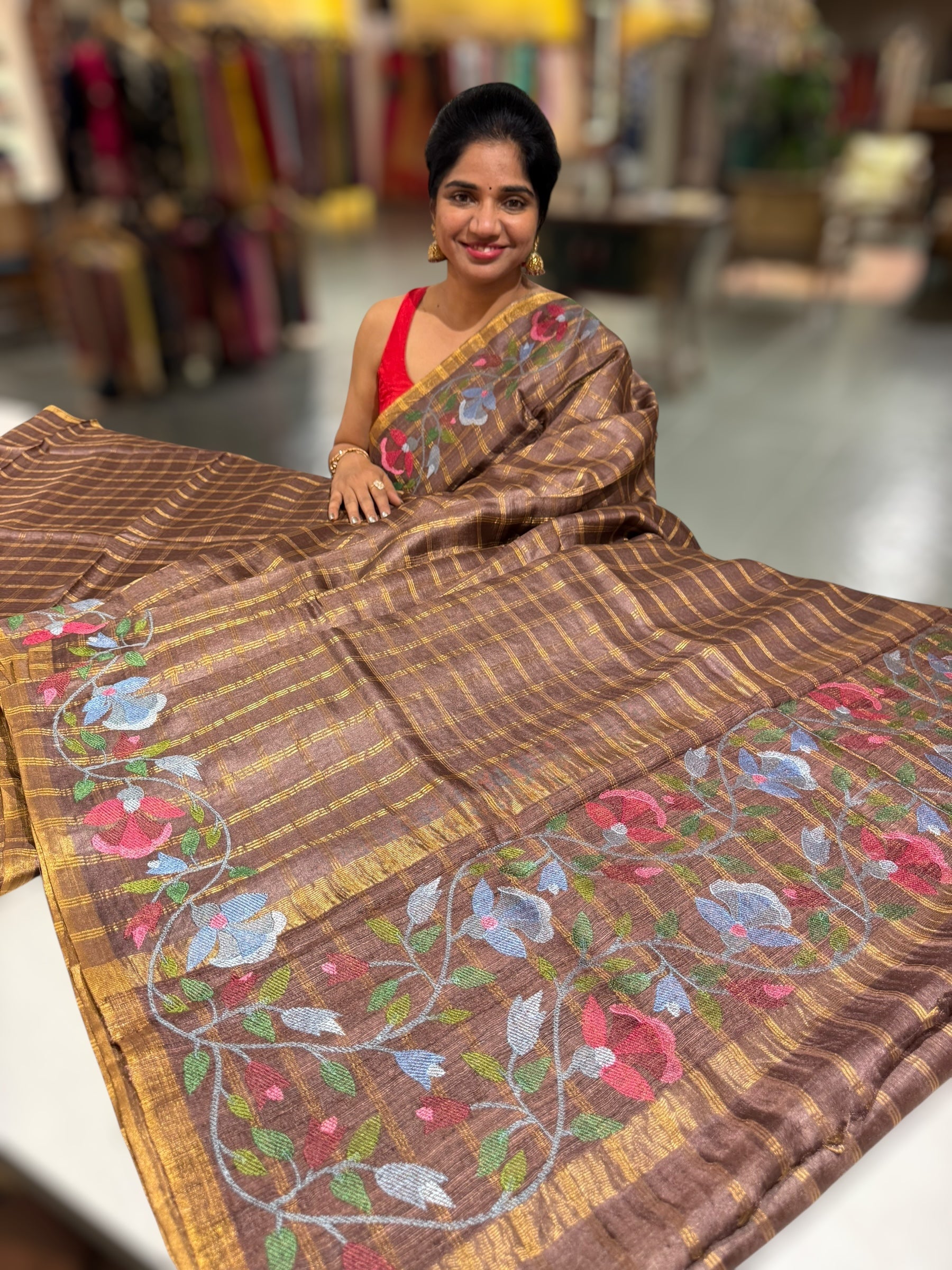 Light Brown pure handloom Tussar Vintage Checks Saree with Jamdani inspired embroidered border
