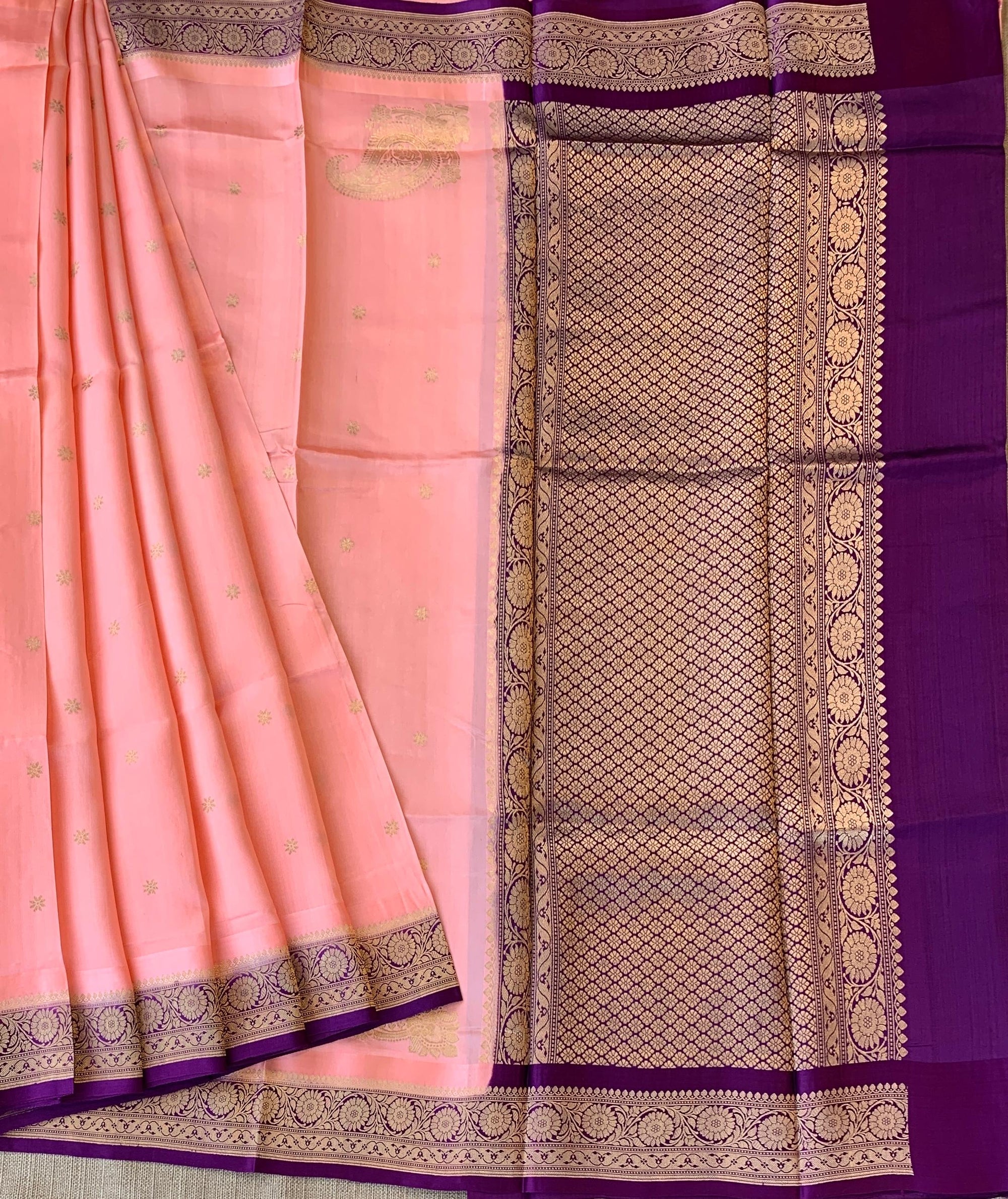 Peach Pink & Purple Combo Raw Mangoe Silk Saree with heavy weaving mashru border & kaduwa woven motifs.