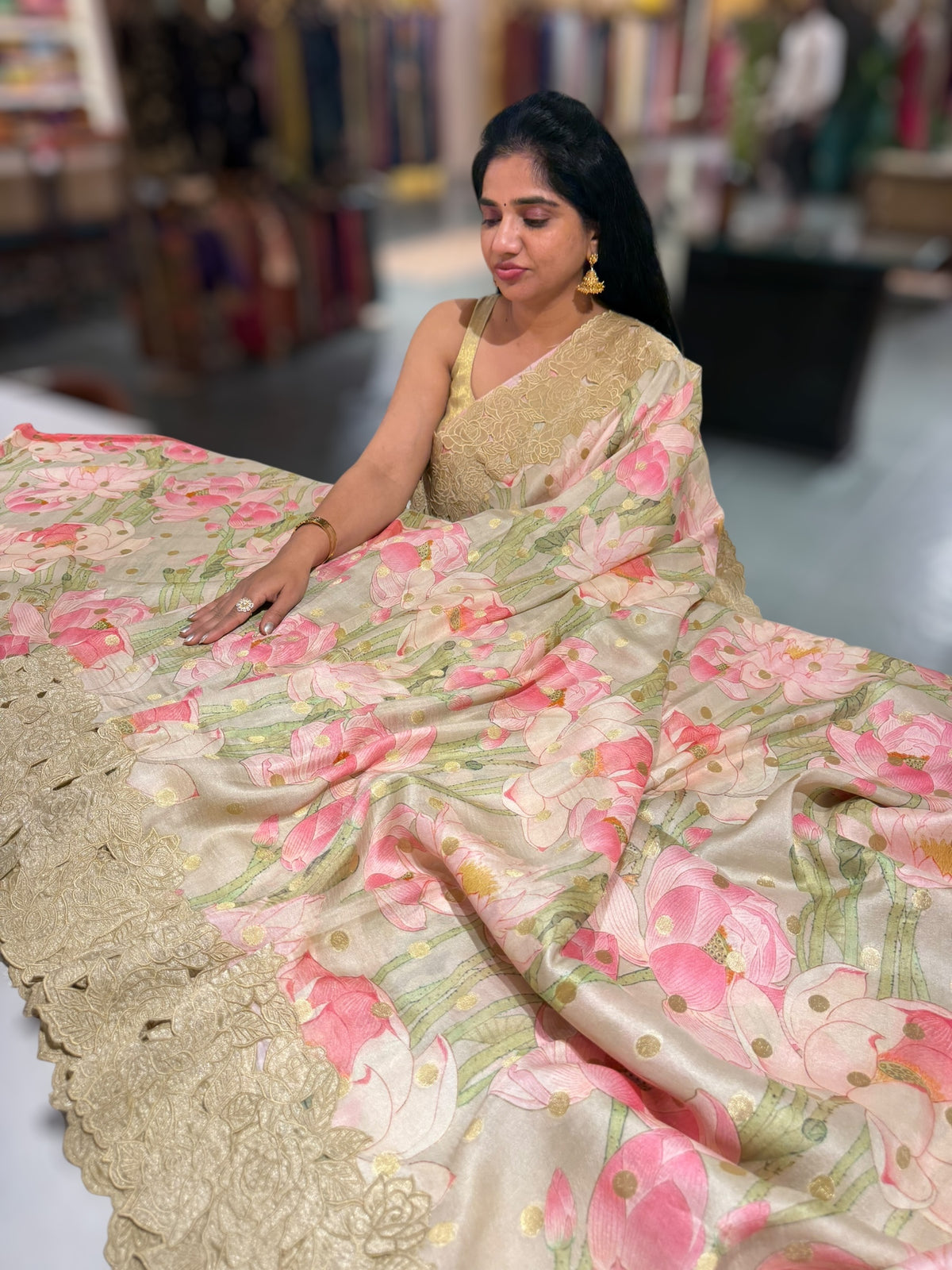 Earthy Tone Banarasi Munga Printed Tussar Khaddi With Tissue cutwork Rose Border