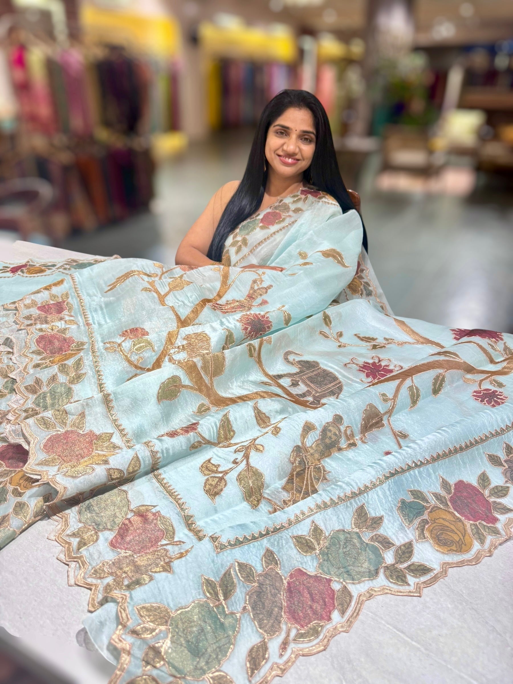 Pastel Blue Pure Organza Applique Work Saree