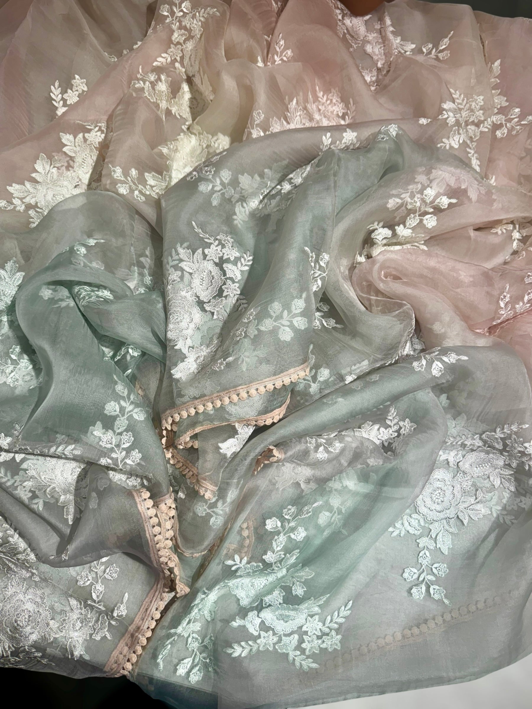 Pure Muslin Ombre Dyed Saree With allover Embroidery