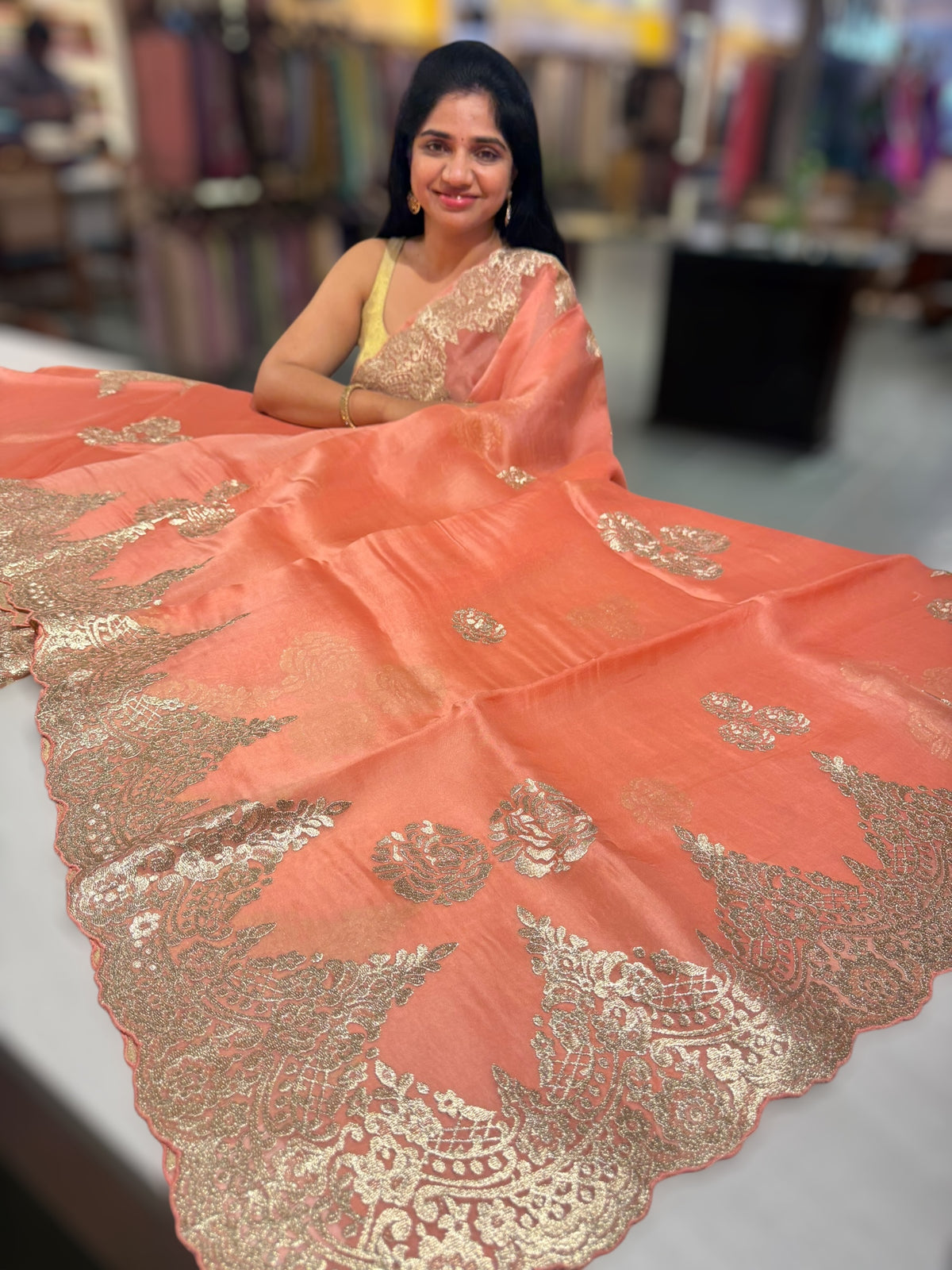 Coral Peach Organza with chantilly Lace embroidery