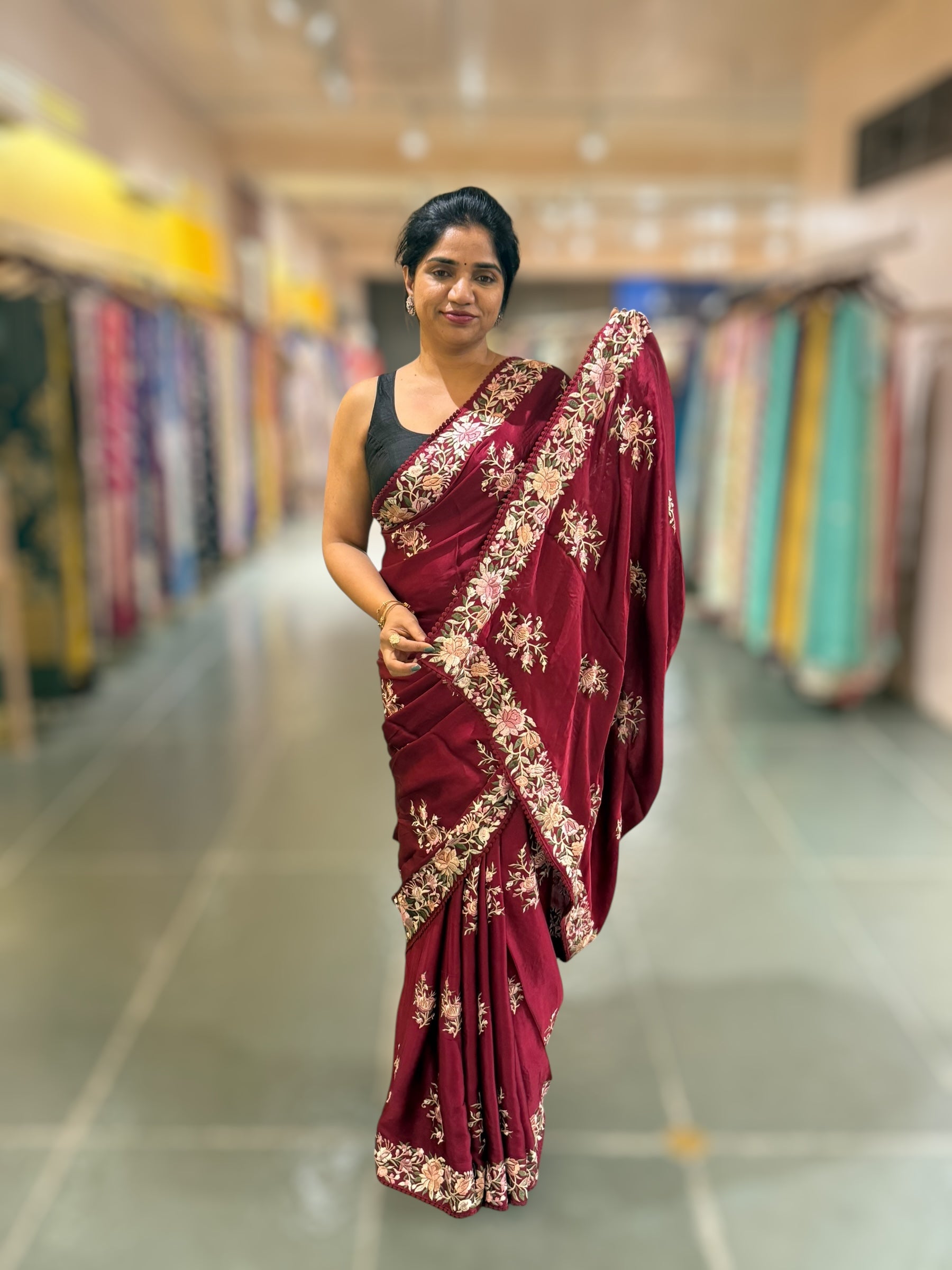 Burgundy Satin Saree with Parsi Gara embroidery