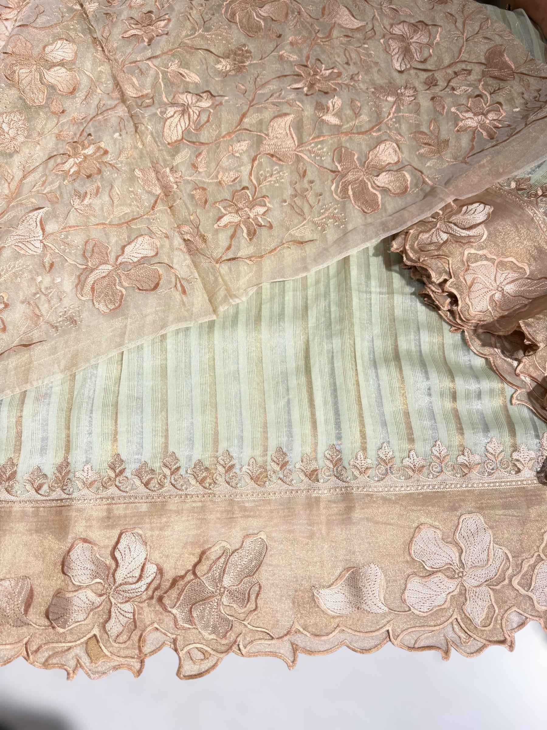 Mint Green Mul Tissue Stripes Saree With Tissue Cutwork  Border & Blouse