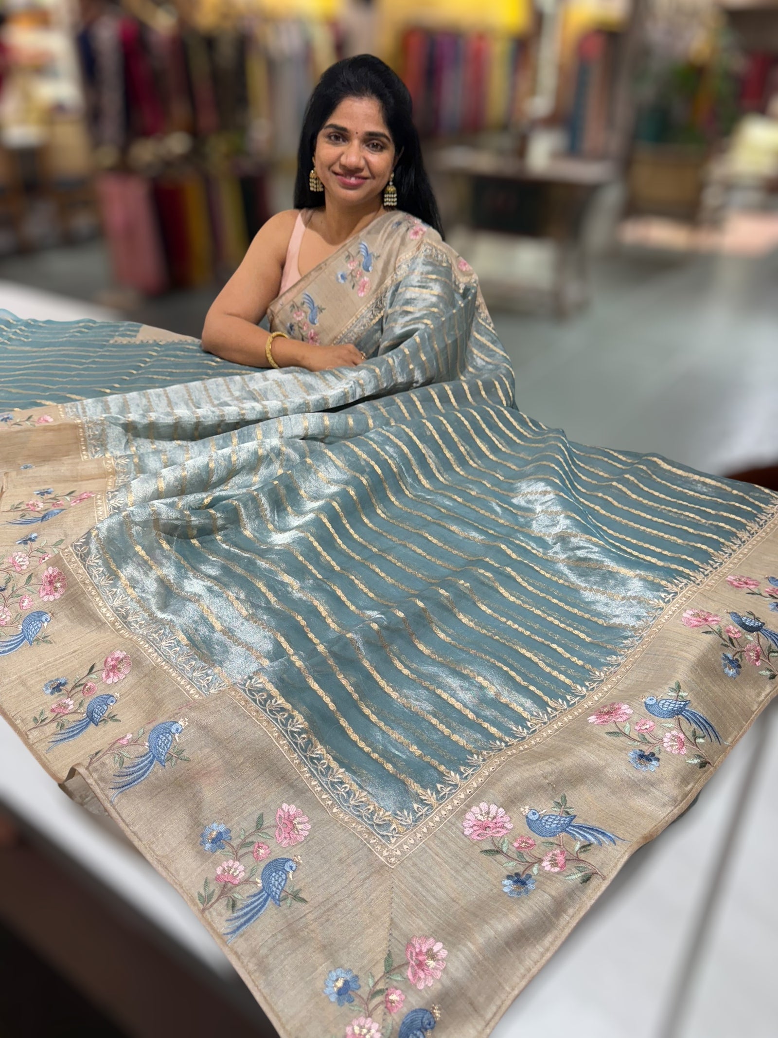 Dusty Blue Pure Handloom Tissue Saree with pure Tussar embroidered border
