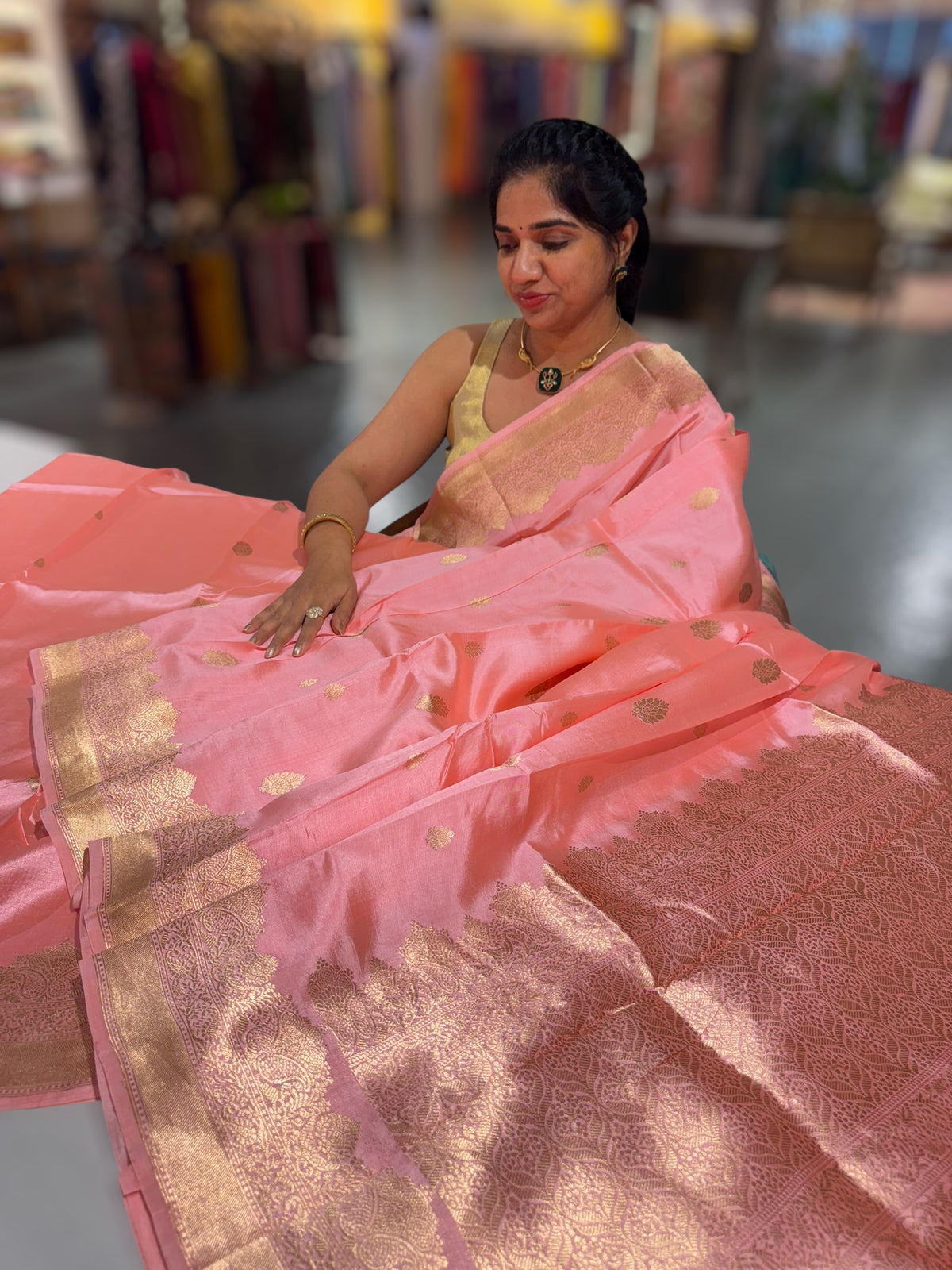 Peach Pink Poona Silk Saree with double Borders
