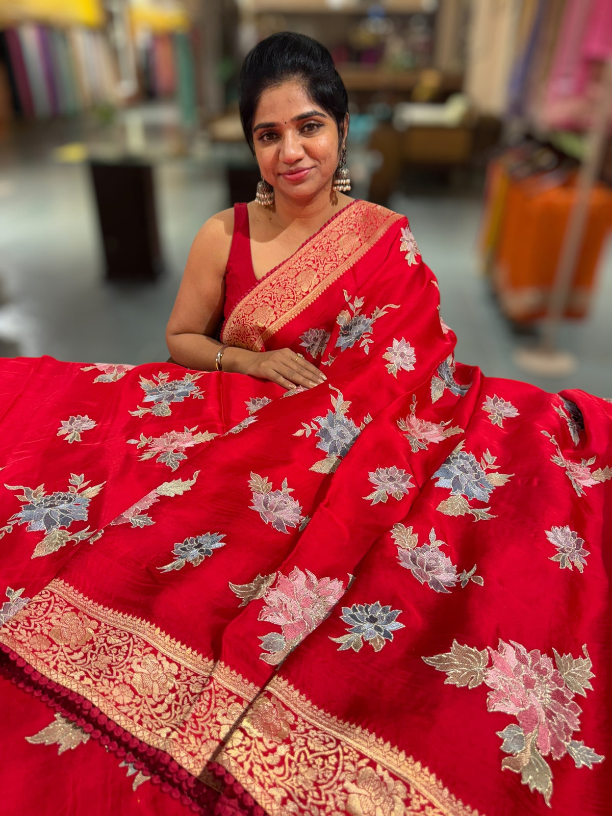 Chilli Red Mashru Banaras with embroidery
