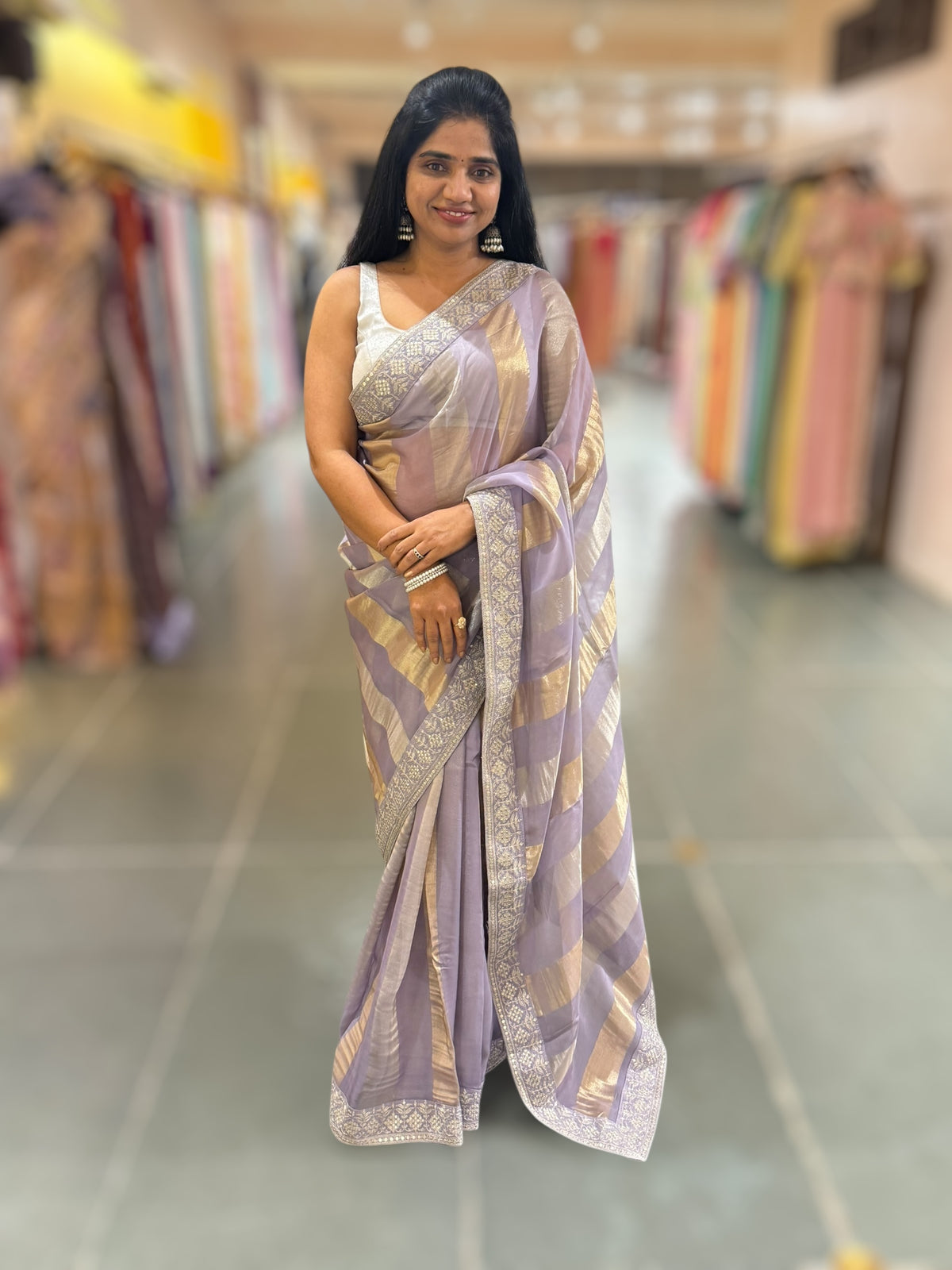 Dusty Lilac kora tissue stripes saree