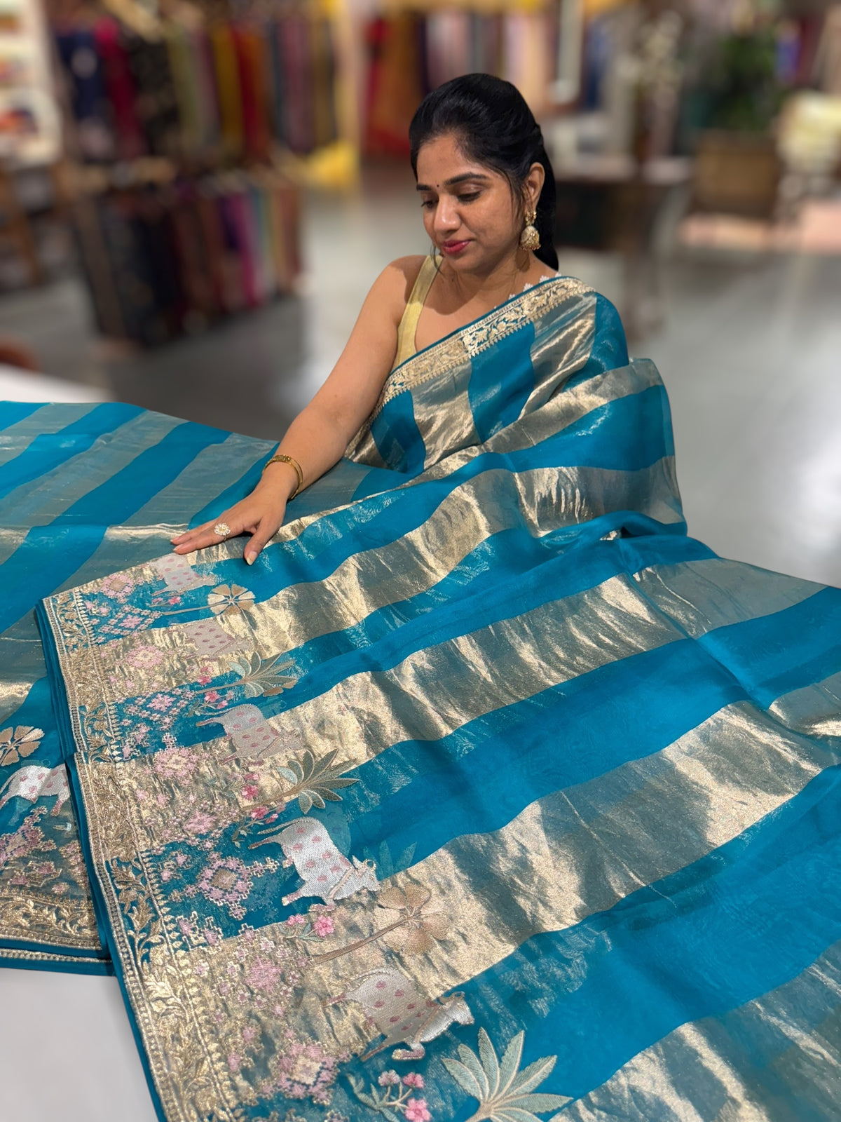 Peacock Blue Kora Tissue Stripes Saree With Jamdani  & Pichwai embroidered Border