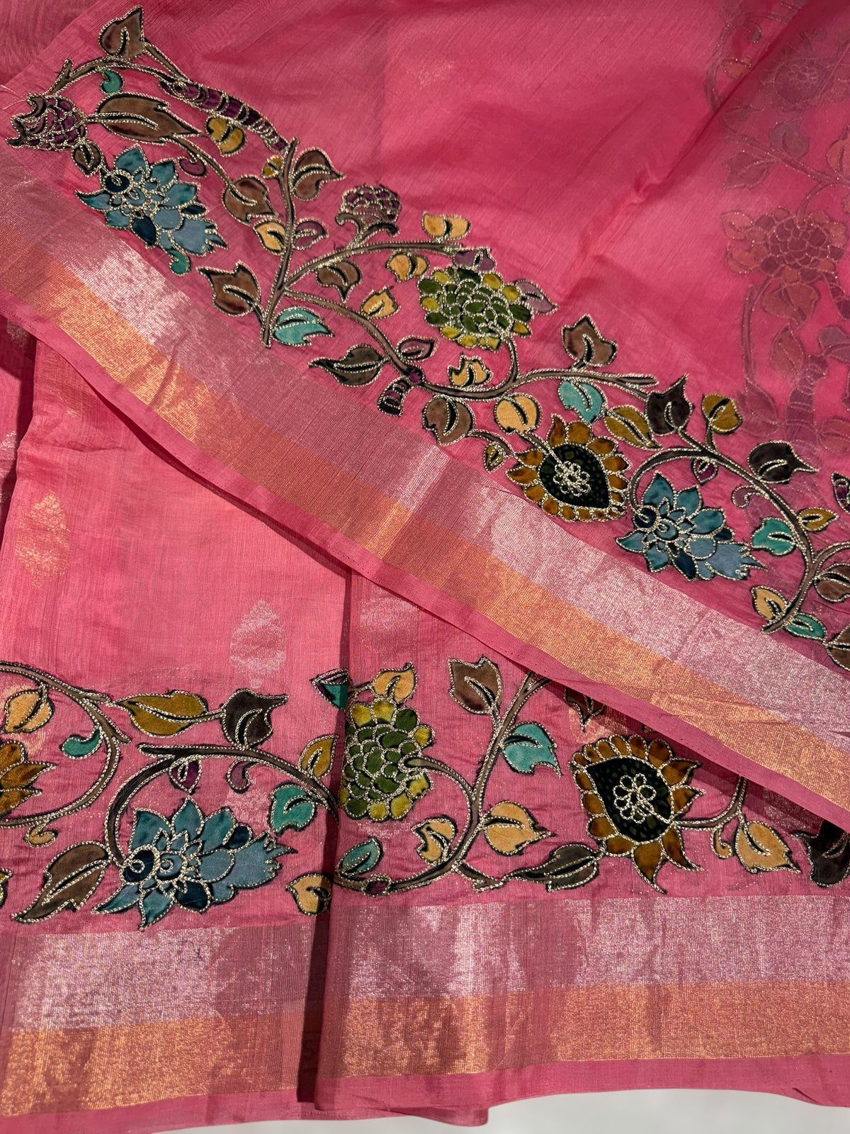 Peach Pink chanderi silk cotton saree with kalamkari applique border