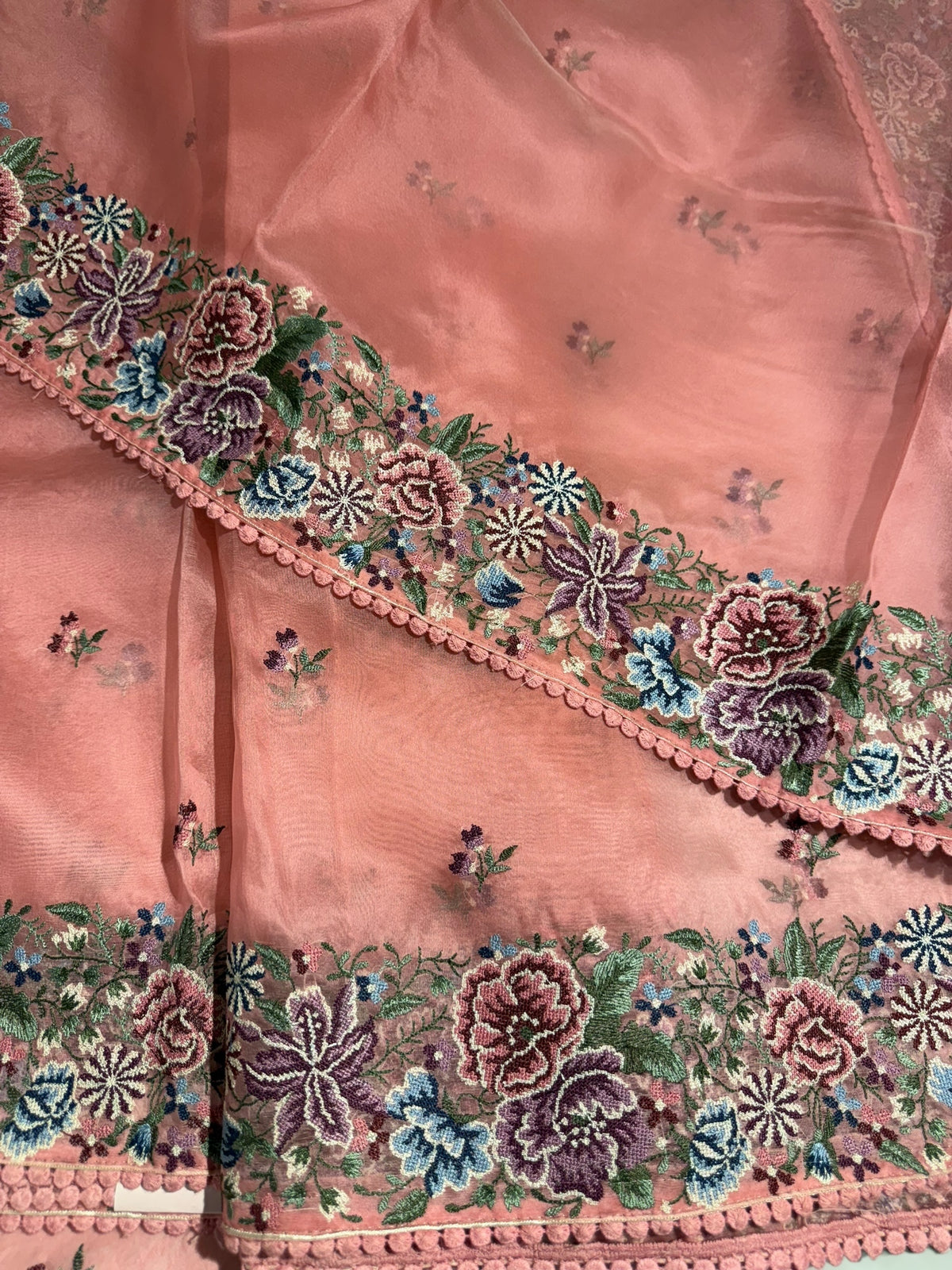 Coral Pink Pure Organza with Petite point border