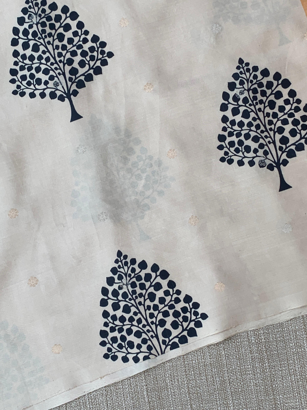 Beige Border less Designer printed kanchi silk saree with double color pallu