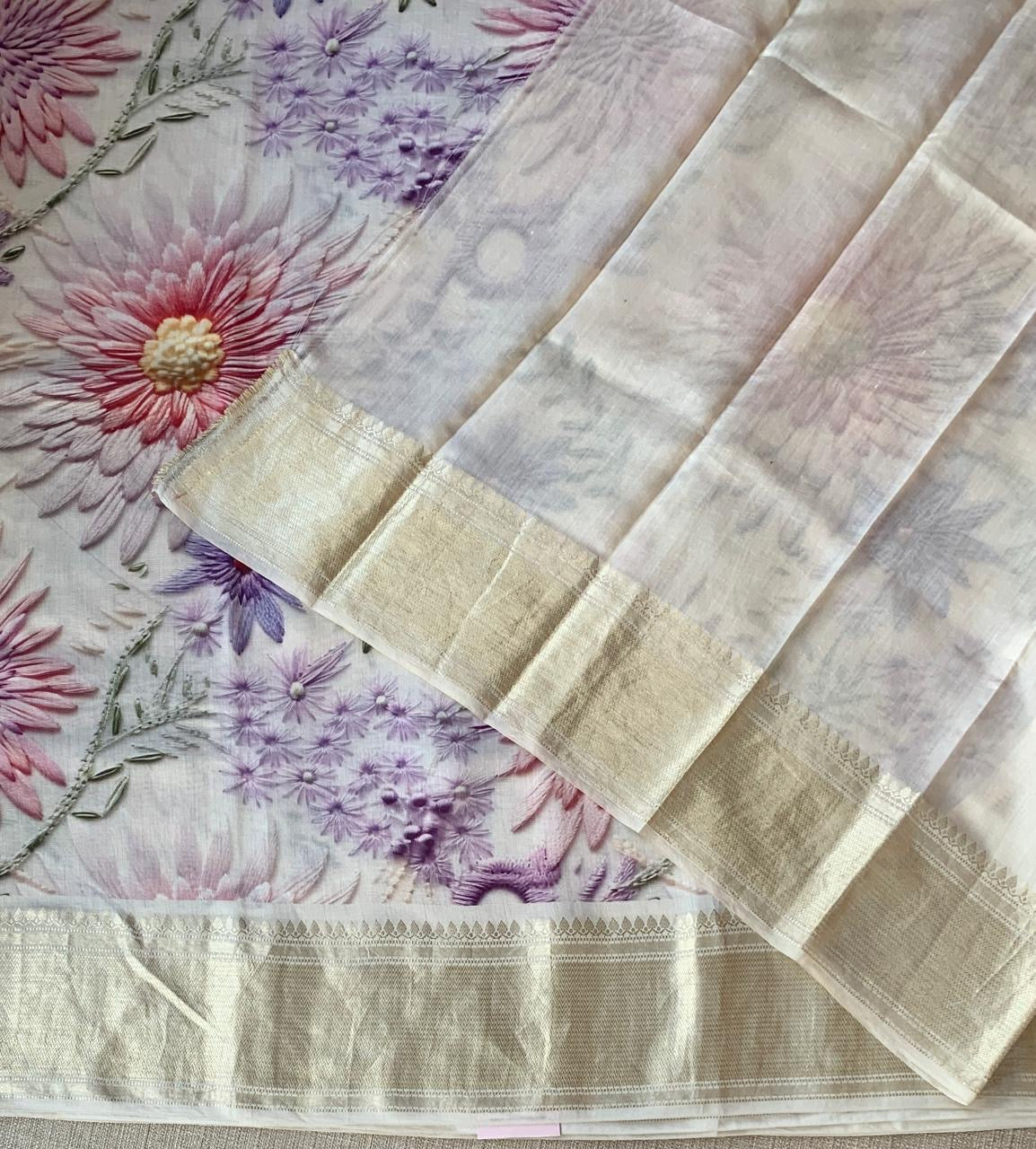 Ivory Pure Handloom Chiniya Silk Saree with stunning Floral Print and zari borders