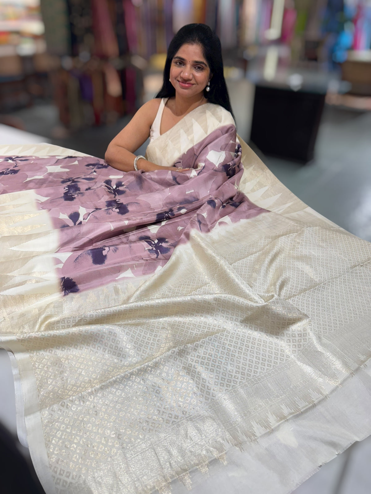 Kanchi soft silk Designer printed saree with temple border