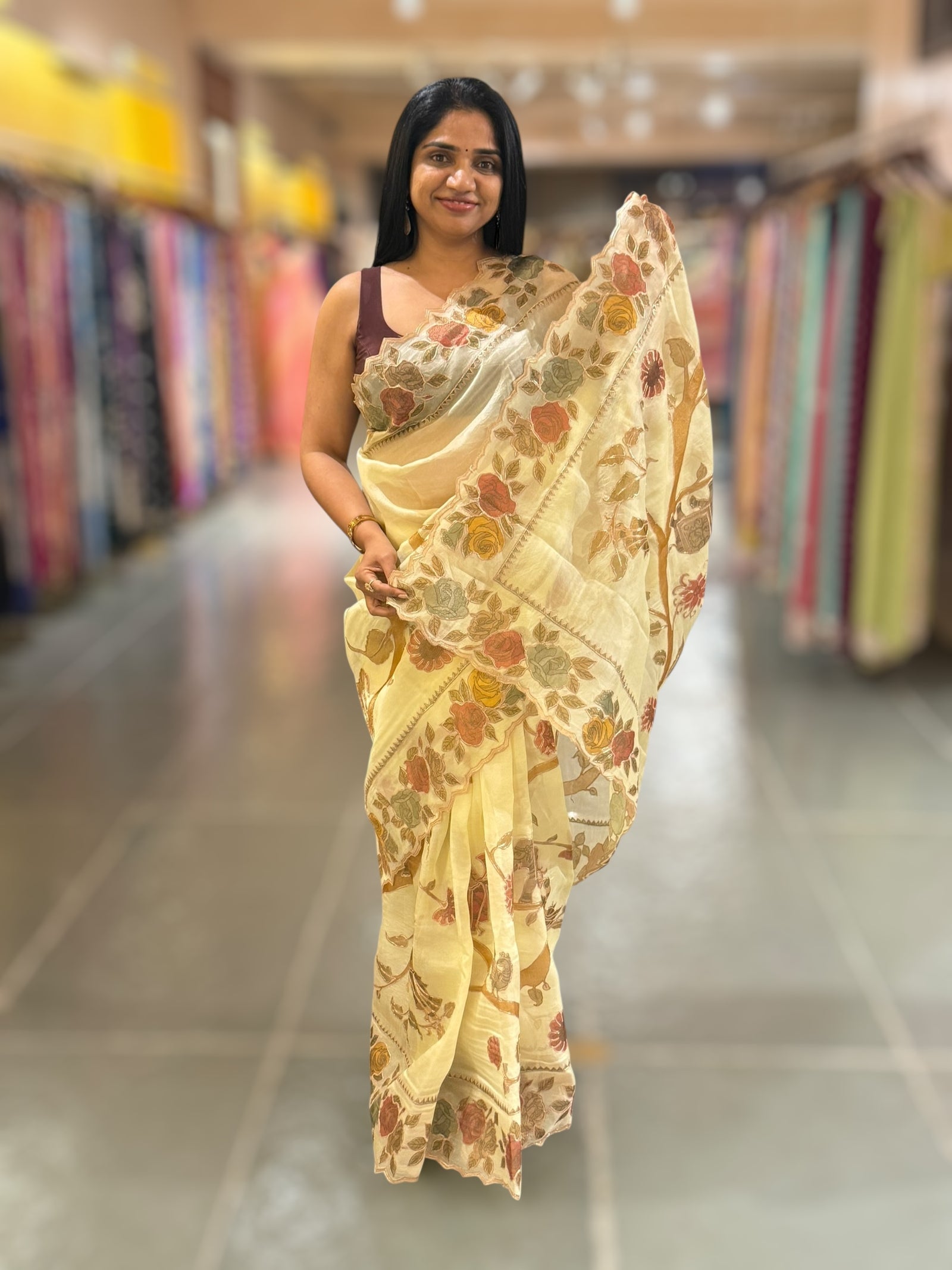 Pastel Yellow Pure Organza Applique Work Saree