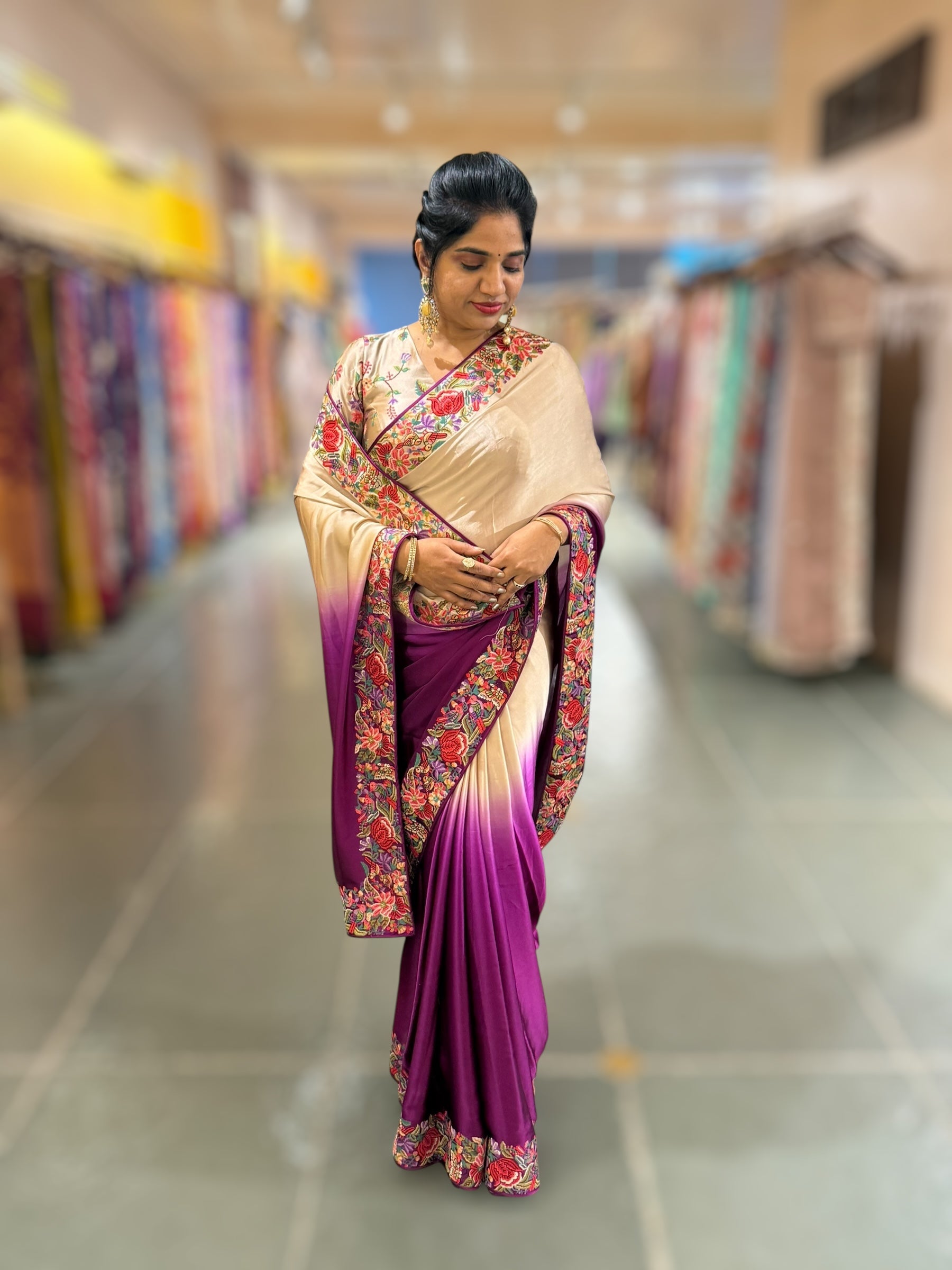 Pure Satin Ombre Dyed Saree with Petite Point Embroidered Border and blouse.
