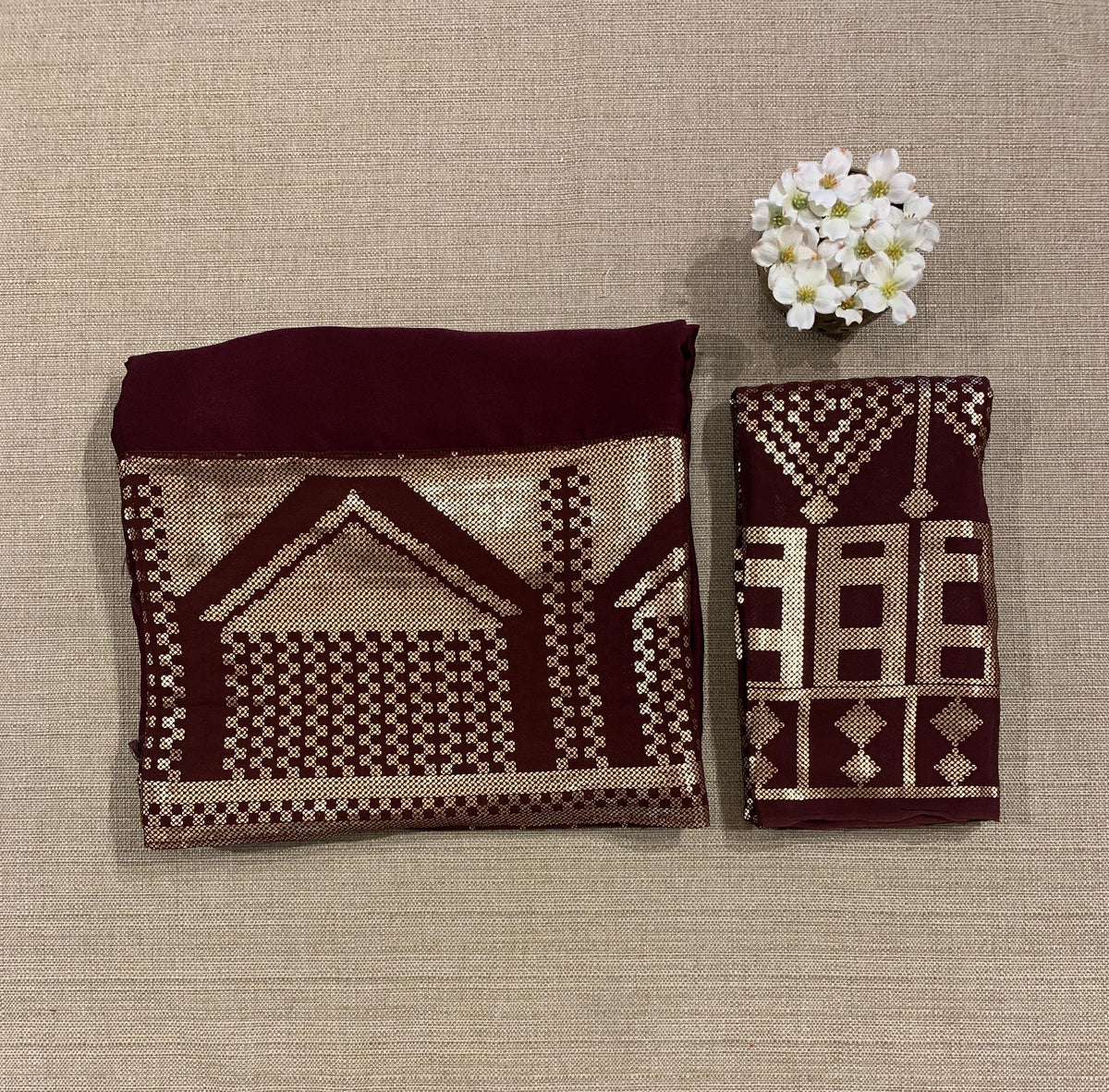 Burgundy Pure Satin Saree with designer sequence border and blouse