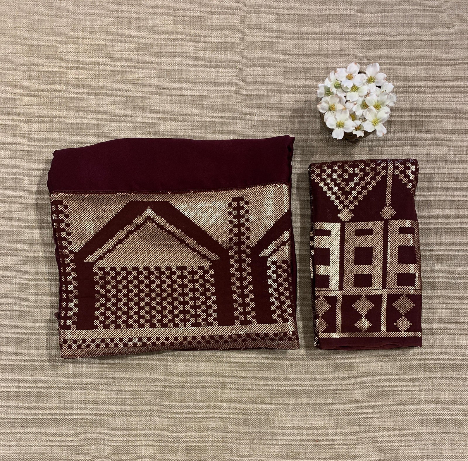 Burgundy Pure Satin Saree with designer sequence border and blouse