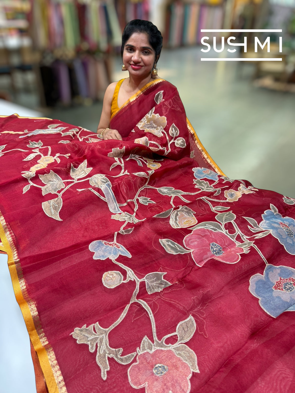 Dark Red Designer Organza with Tissue applique work : S62F096