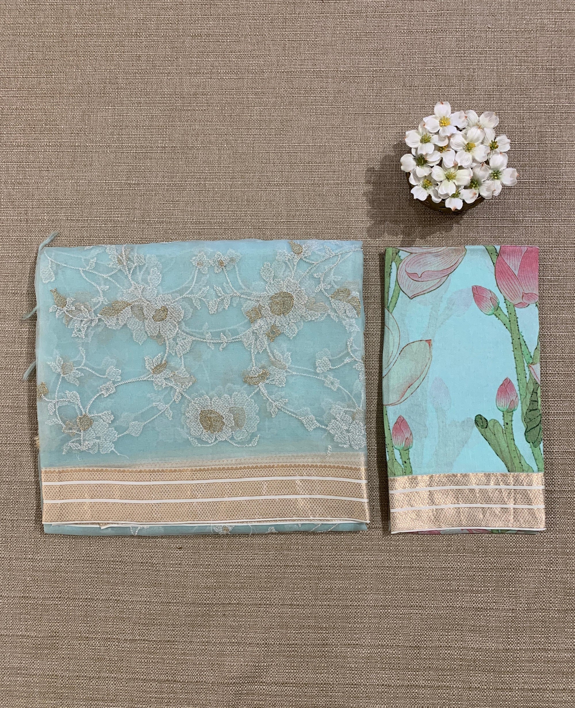 Baby Blue Muslin allover embroidered Saree with pichwai printed blosue