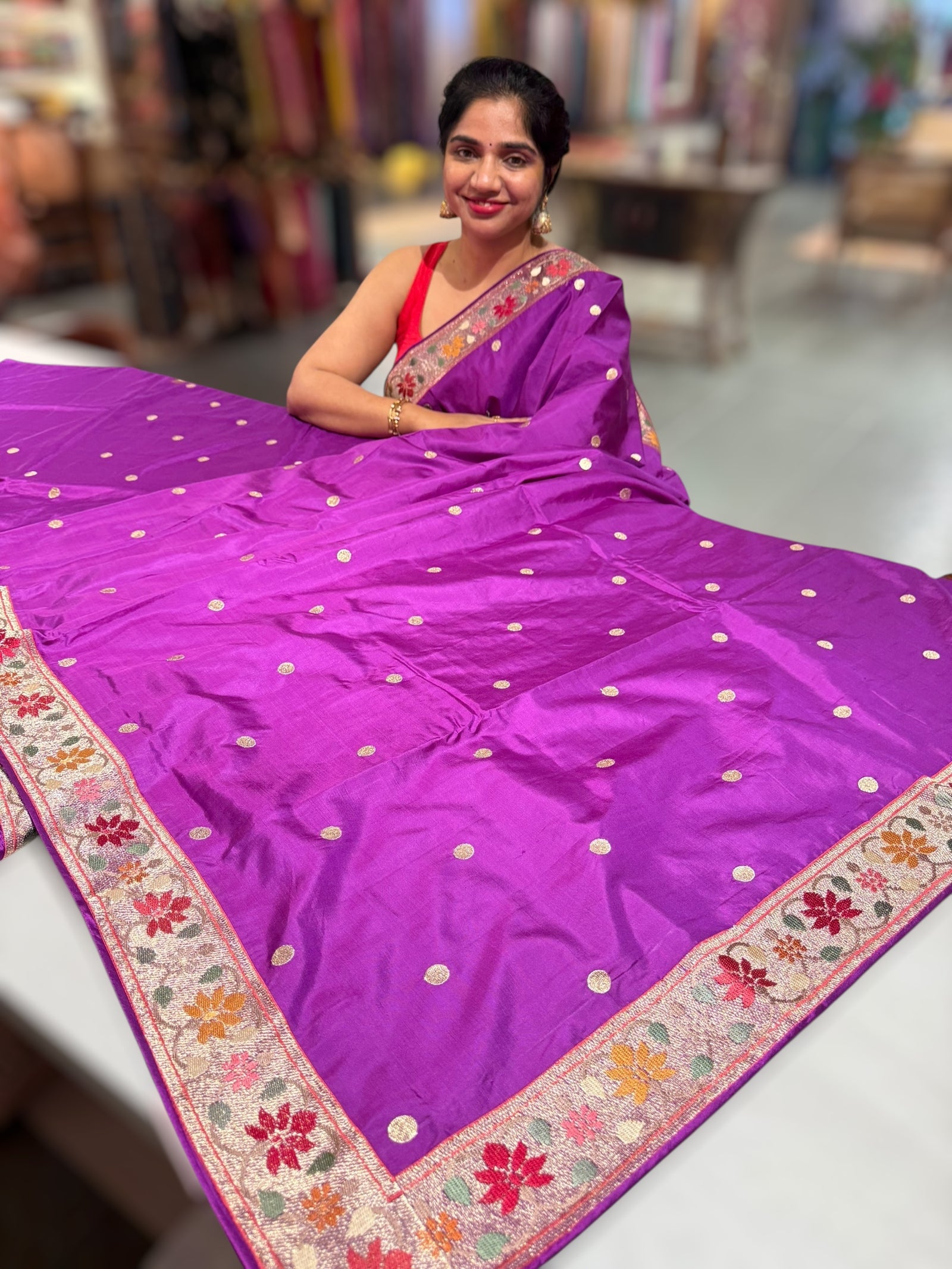 Majenta Kanchi soft silk saree with pythani and jamdani inspired embroidery