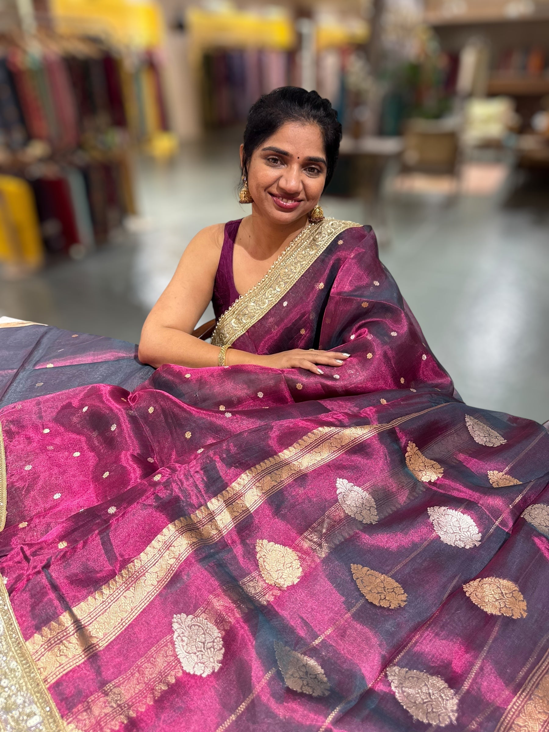 Wine Pure handloom Banarasi Tissue saree