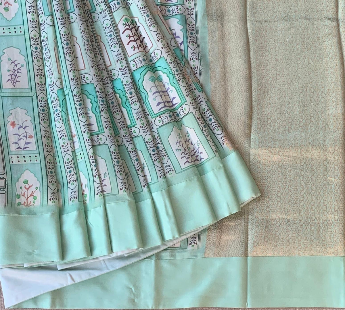 Mint Green Soft Silk Saree with patola style print and mashru borders